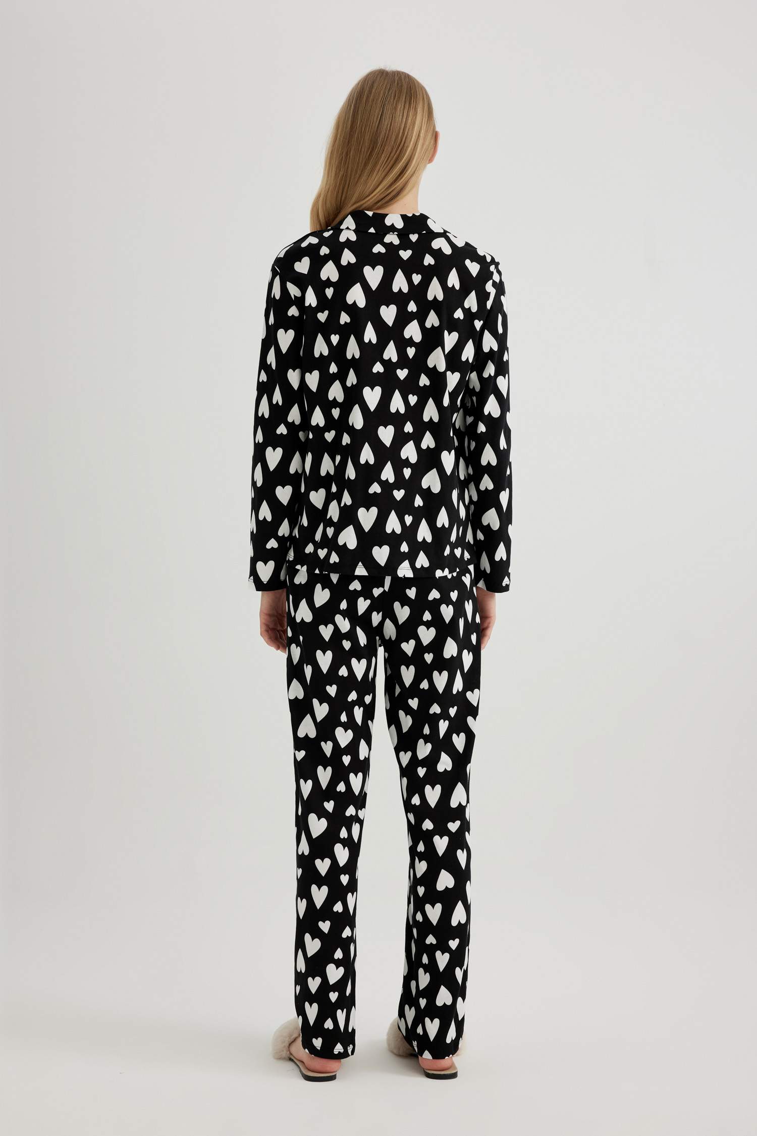 Pijama Takımı Kalp Desenli Uzun Kollu Üst Uzun Alt