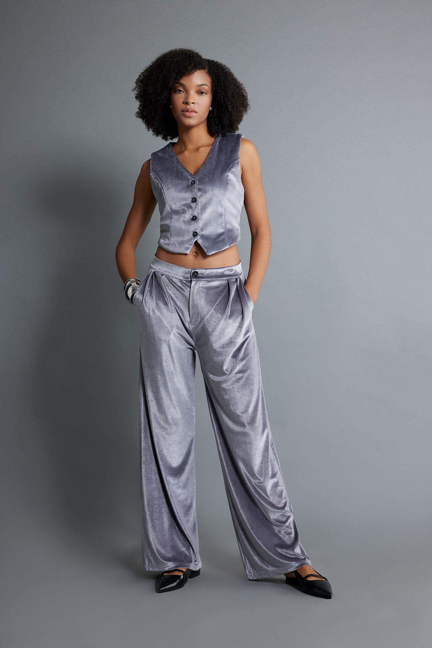 Wide Leg Fleece Pocket Velvet Trousers