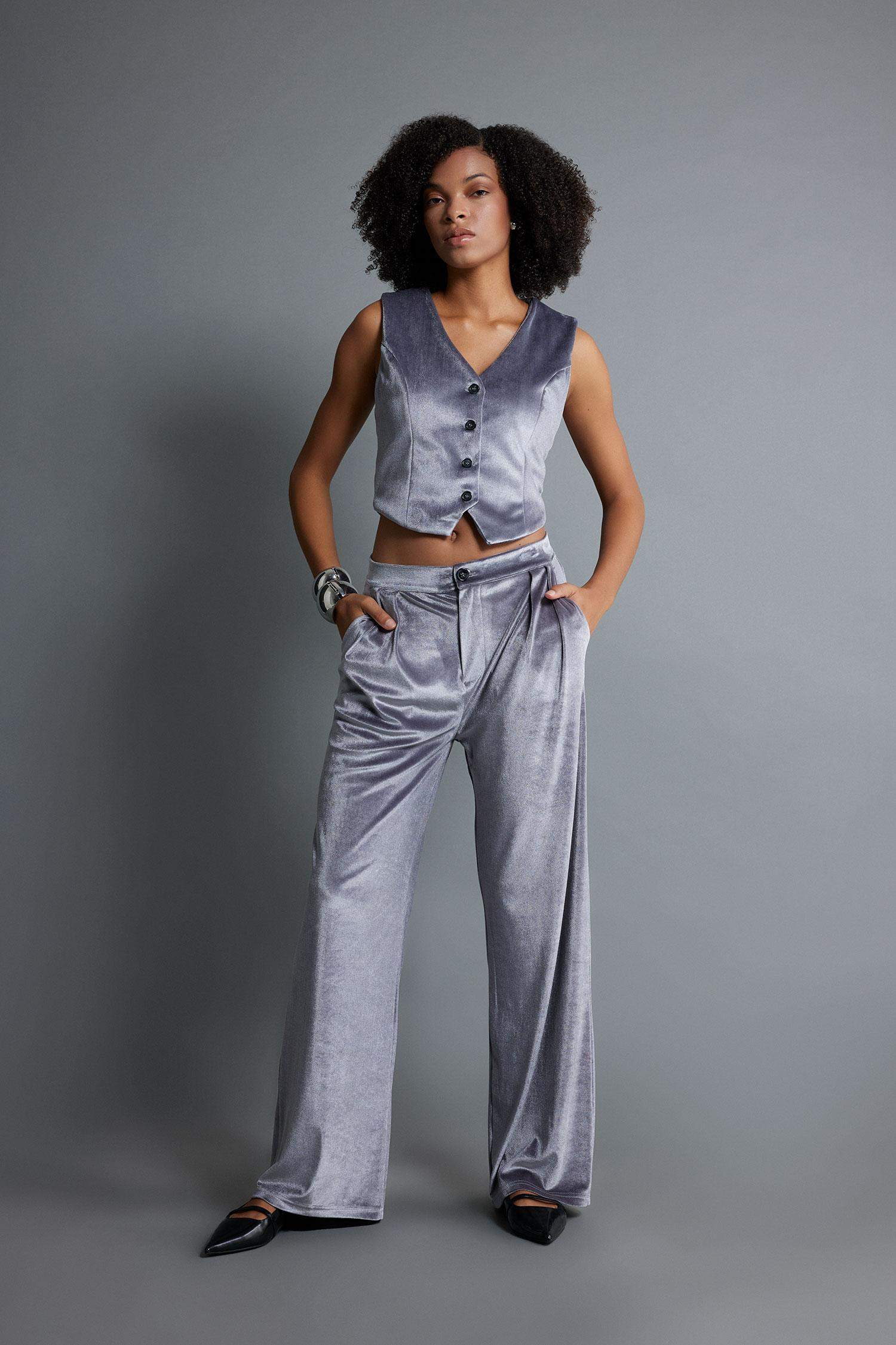 Wide Leg Fleece Pocket Velvet Trousers