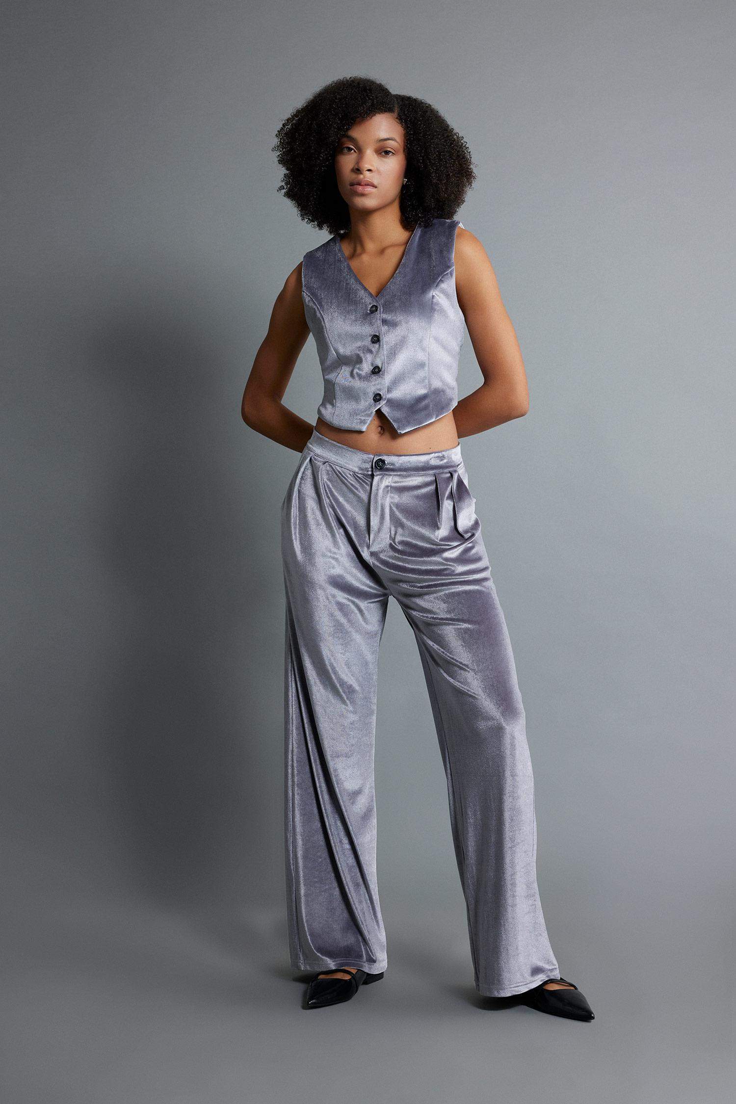Wide Leg Fleece Pocket Velvet Trousers