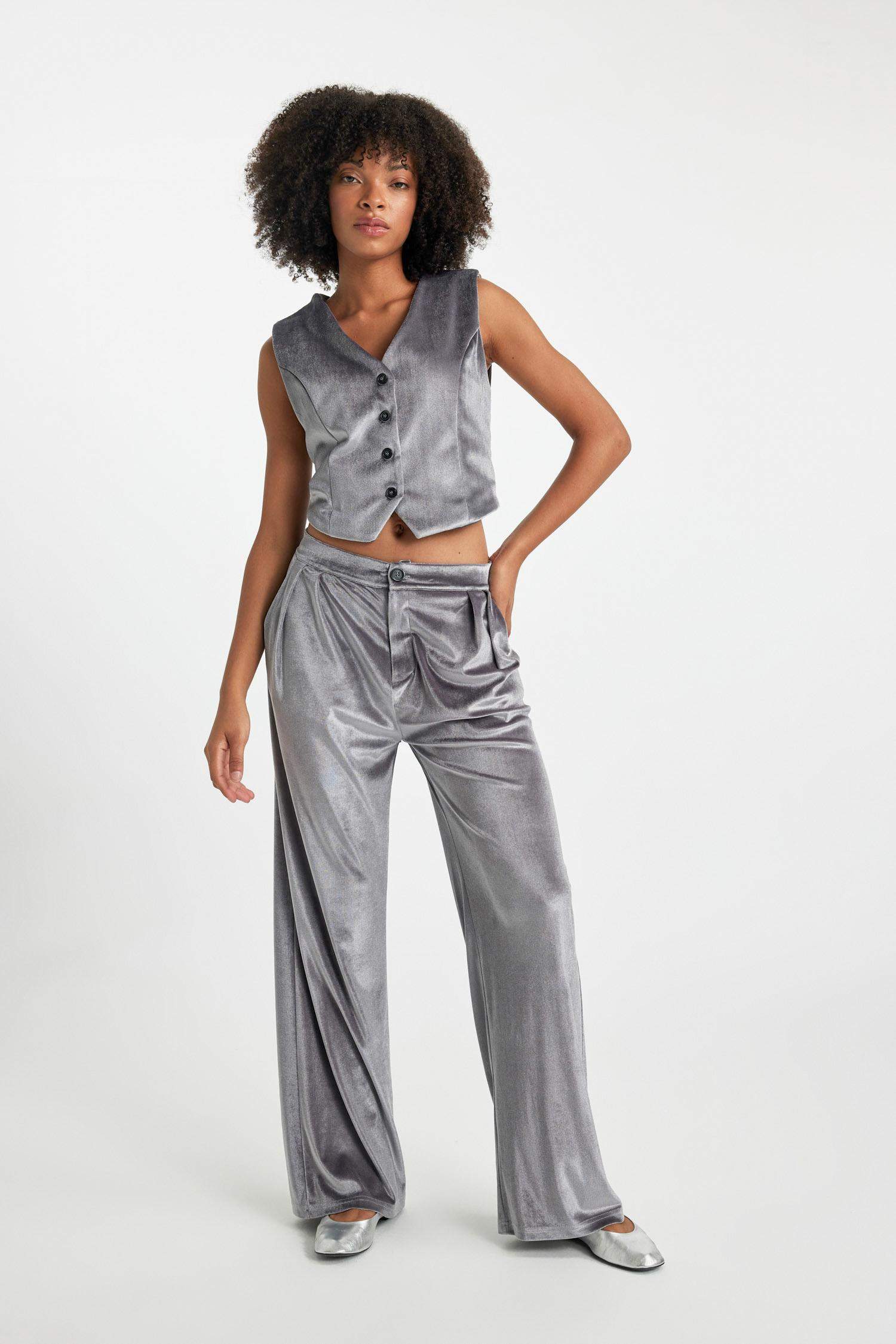 Wide Leg Fleece Pocket Velvet Trousers