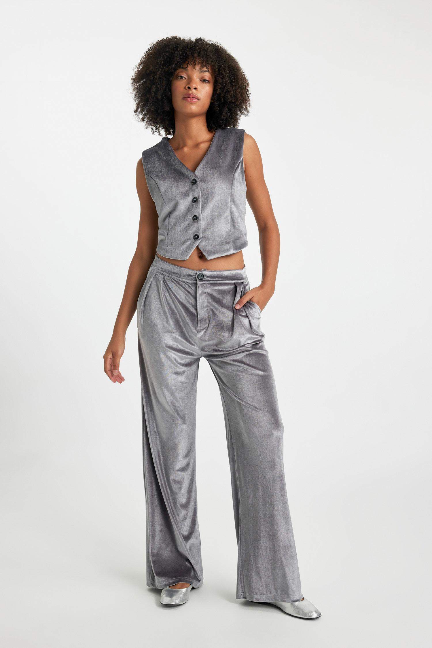 Wide Leg Fleece Pocket Velvet Trousers