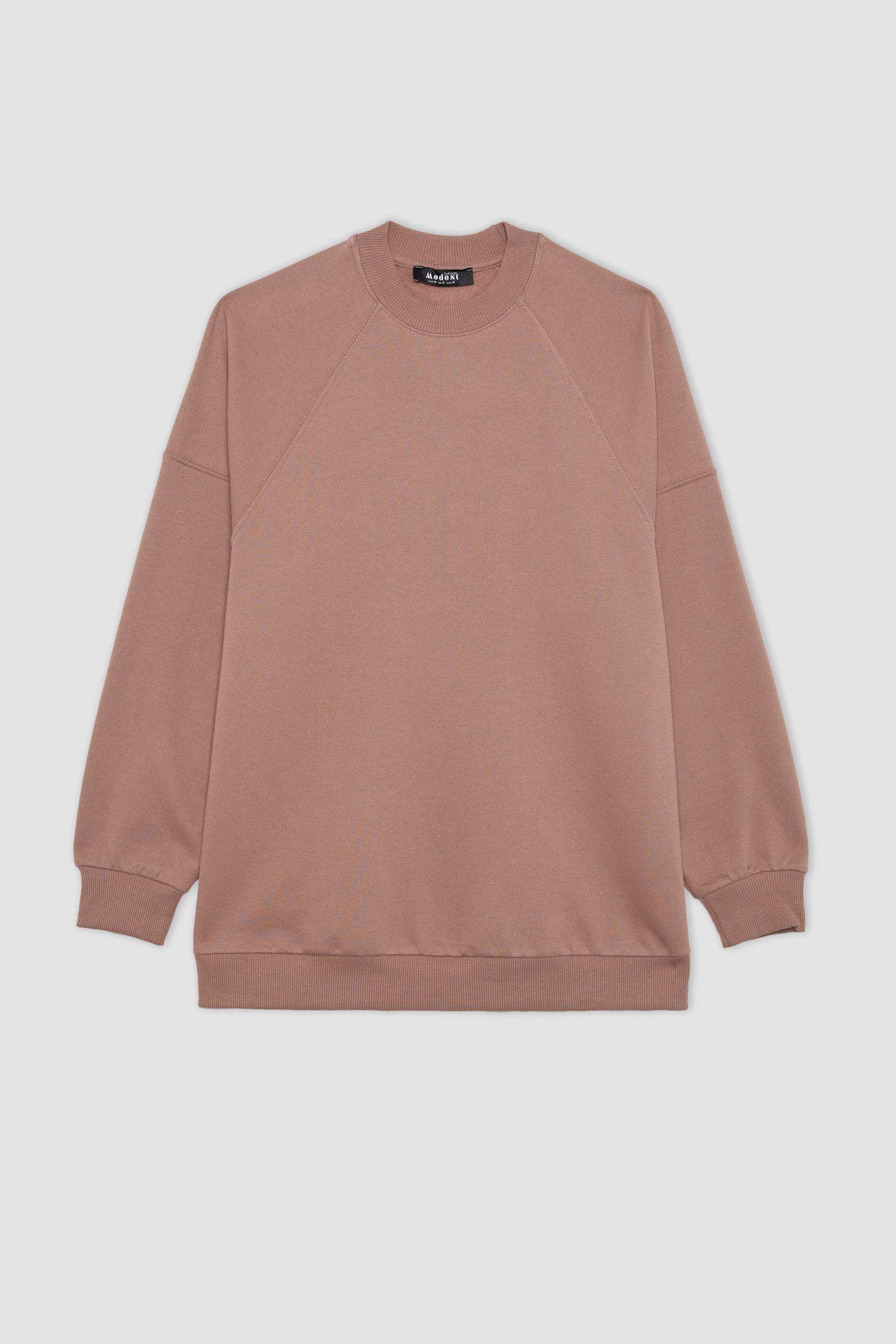 سويت تونيك خفيف وردي قصة عادية بياقة مستديرة ببطانة ناعمة