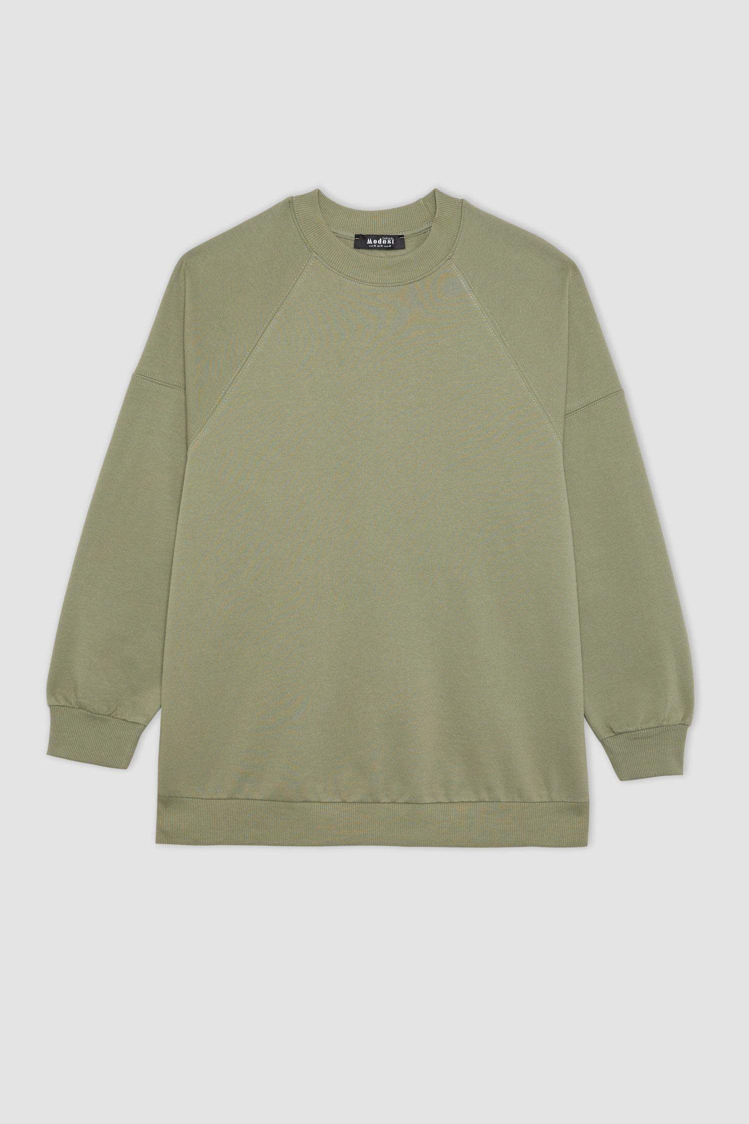 سويت تونيك خفيف كاكي فاتح قصة عادية بياقة مستديرة ببطانة ناعمة