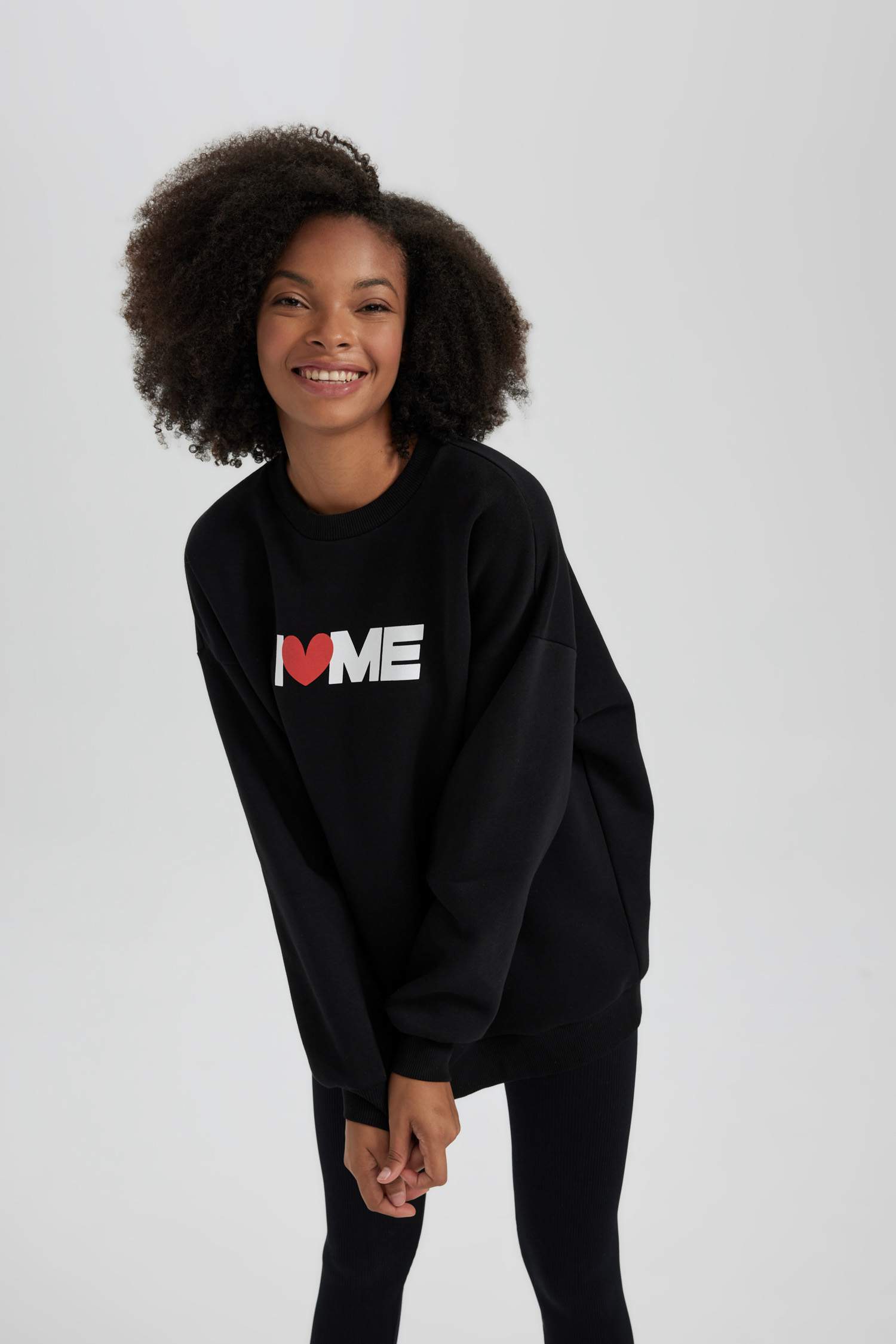 Oversize Fit Geniş Kalıp Bisiklet Yaka I Love Me Baskılı Kalın Kumaş Sweatshirt
