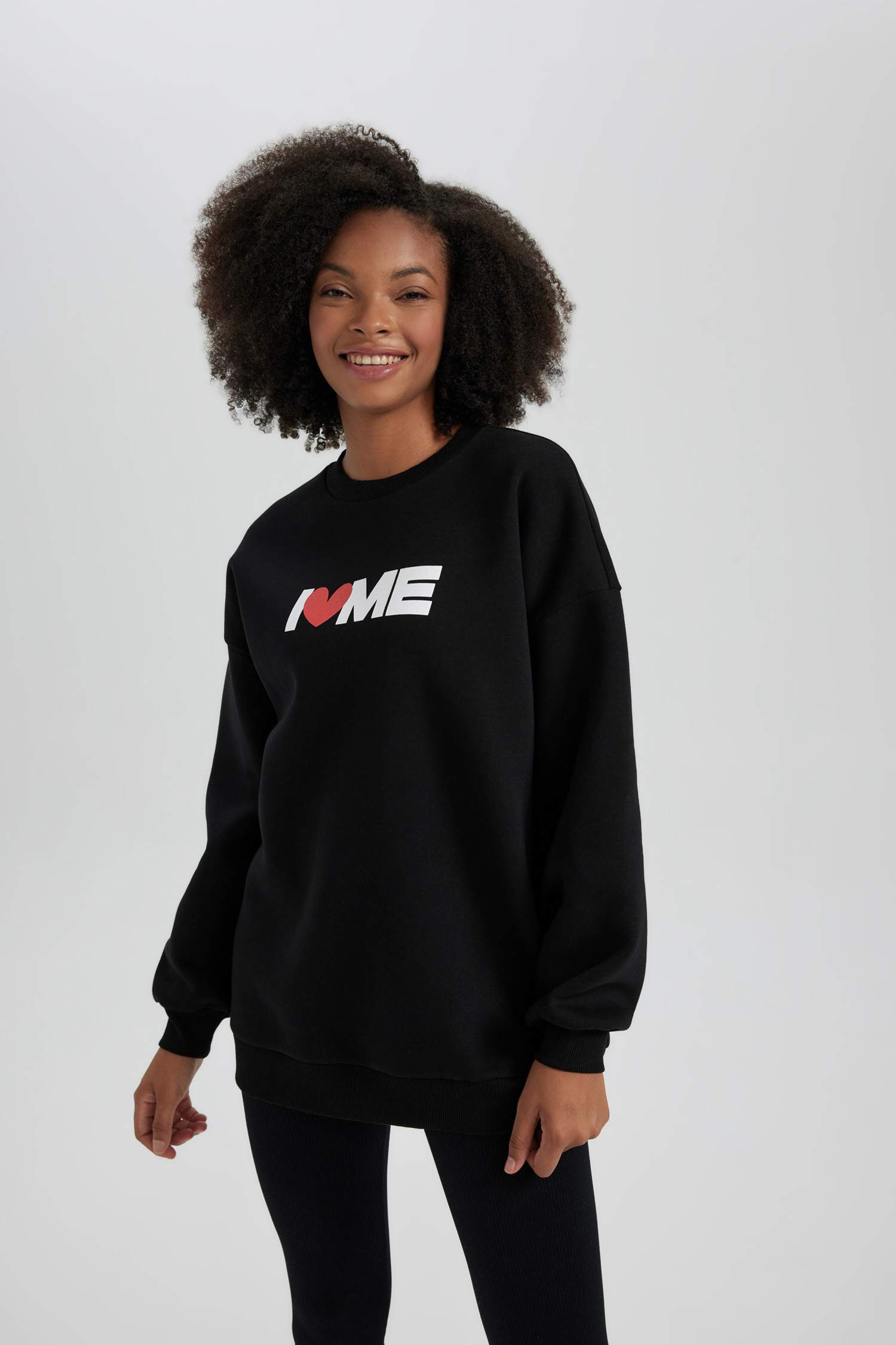Oversize Fit Geniş Kalıp Bisiklet Yaka I Love Me Baskılı Kalın Kumaş Sweatshirt