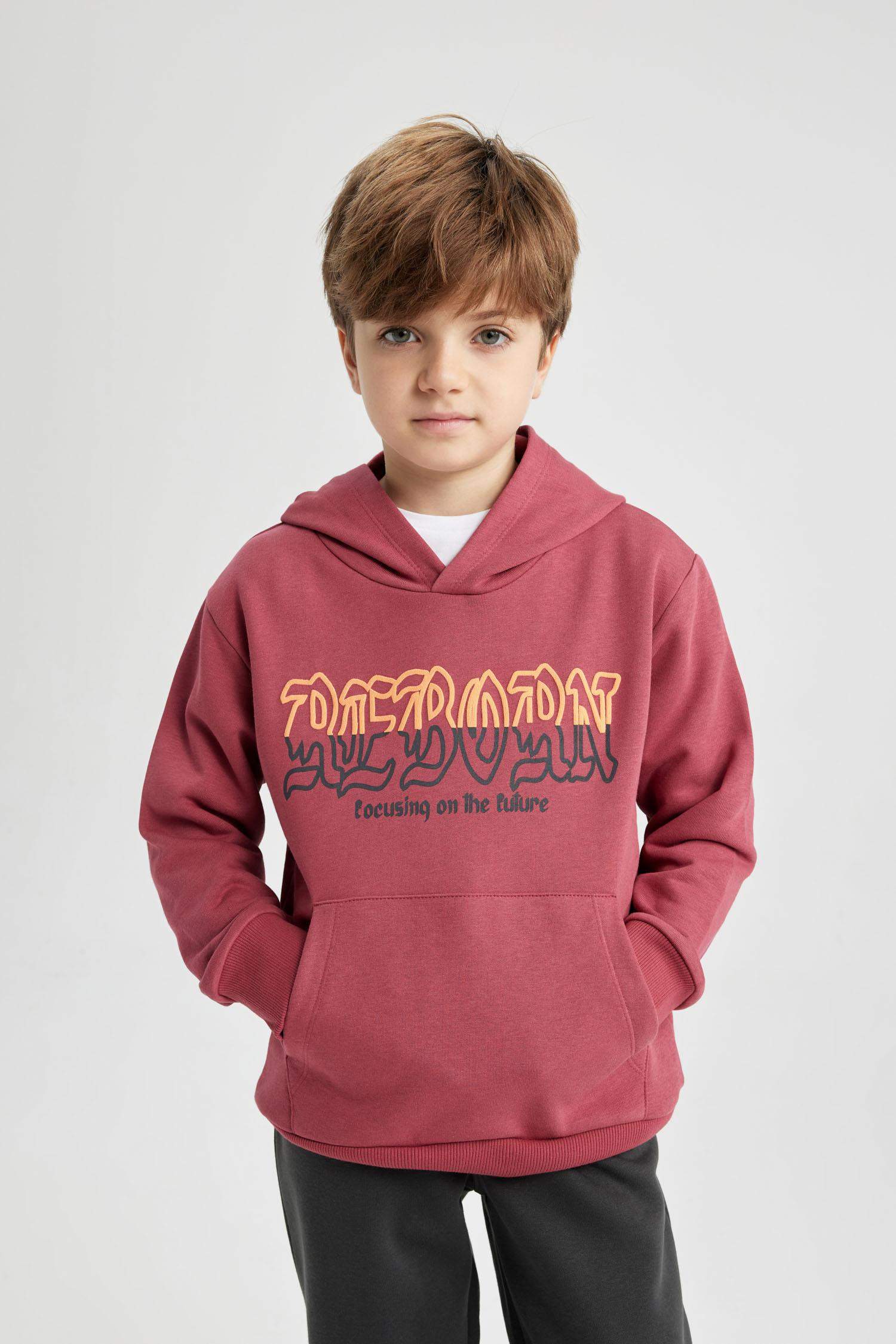 سويت شيرت ولادي قصة عادية بغطاء للرأس بجيب