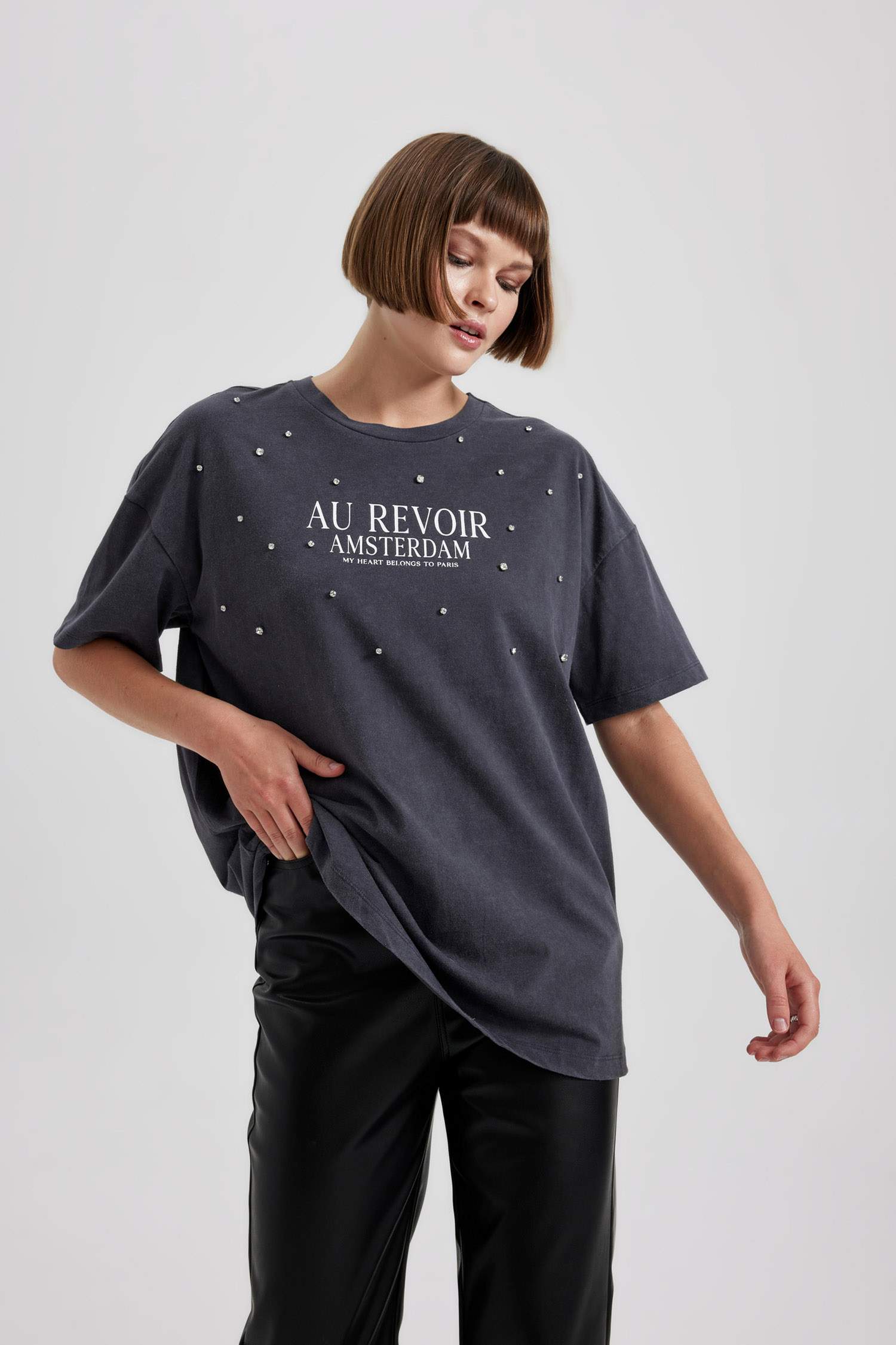 Oversize Fit Bisiklet Yaka Baskılı Penye Kısa Kollu Tişört