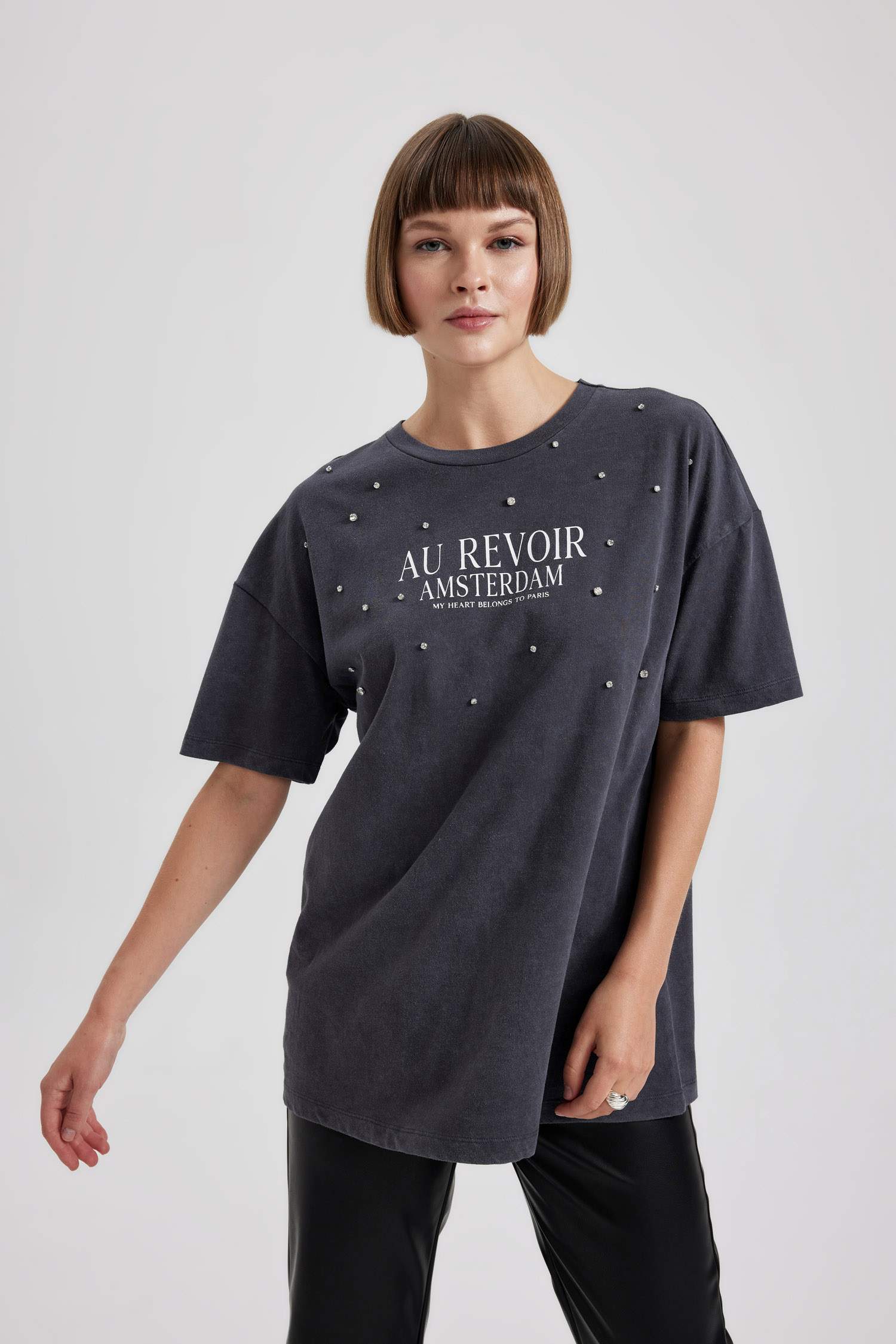 Oversize Fit Bisiklet Yaka Baskılı Penye Kısa Kollu Tişört