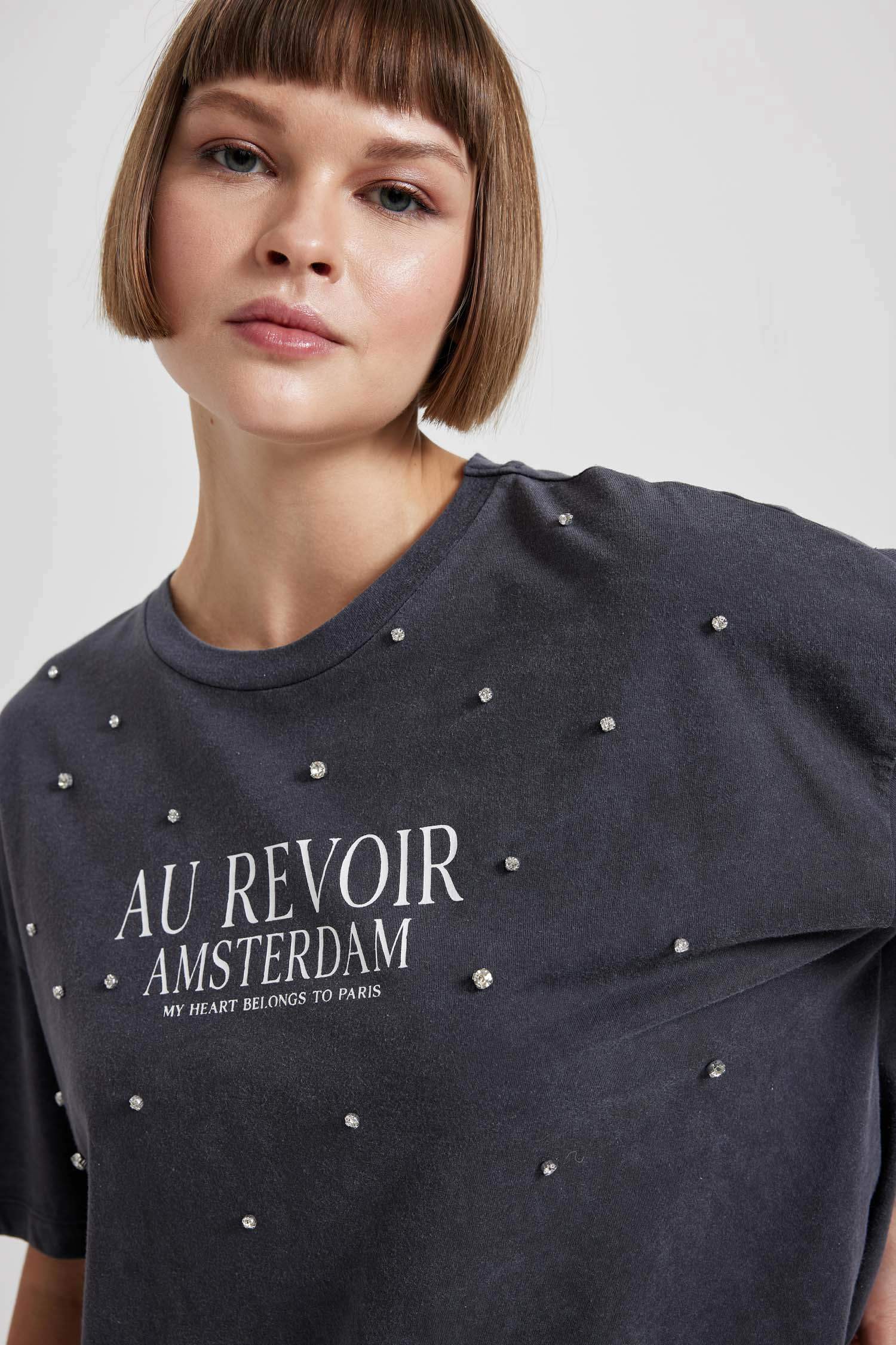 Oversize Fit Bisiklet Yaka Baskılı Penye Kısa Kollu Tişört