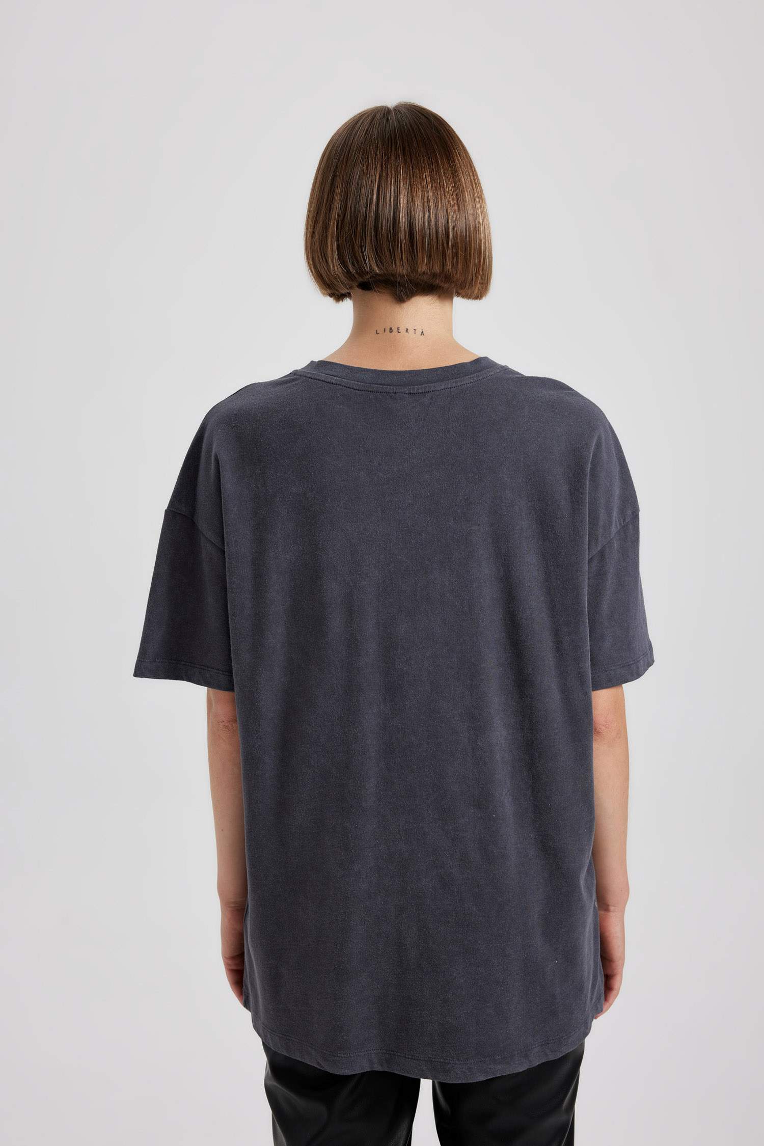 Oversize Fit Bisiklet Yaka Baskılı Penye Kısa Kollu Tişört