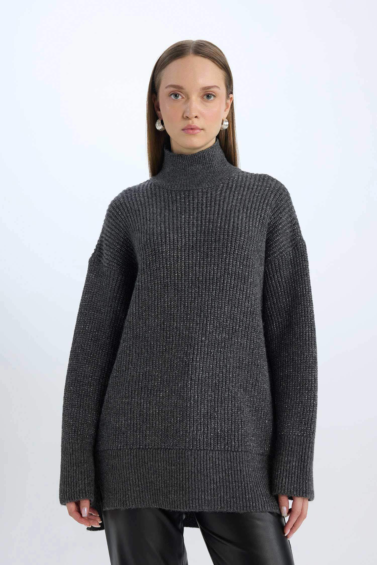 Regular Fit Balıkçı Yaka Basic Düz Triko Kazak Tunik	