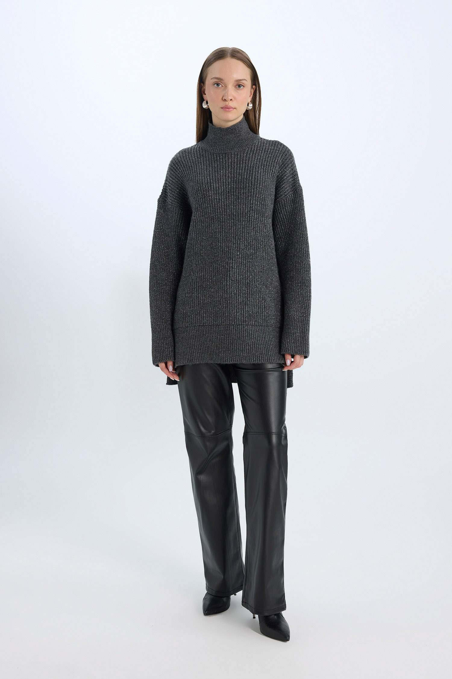 Regular Fit Balıkçı Yaka Basic Düz Triko Kazak Tunik	