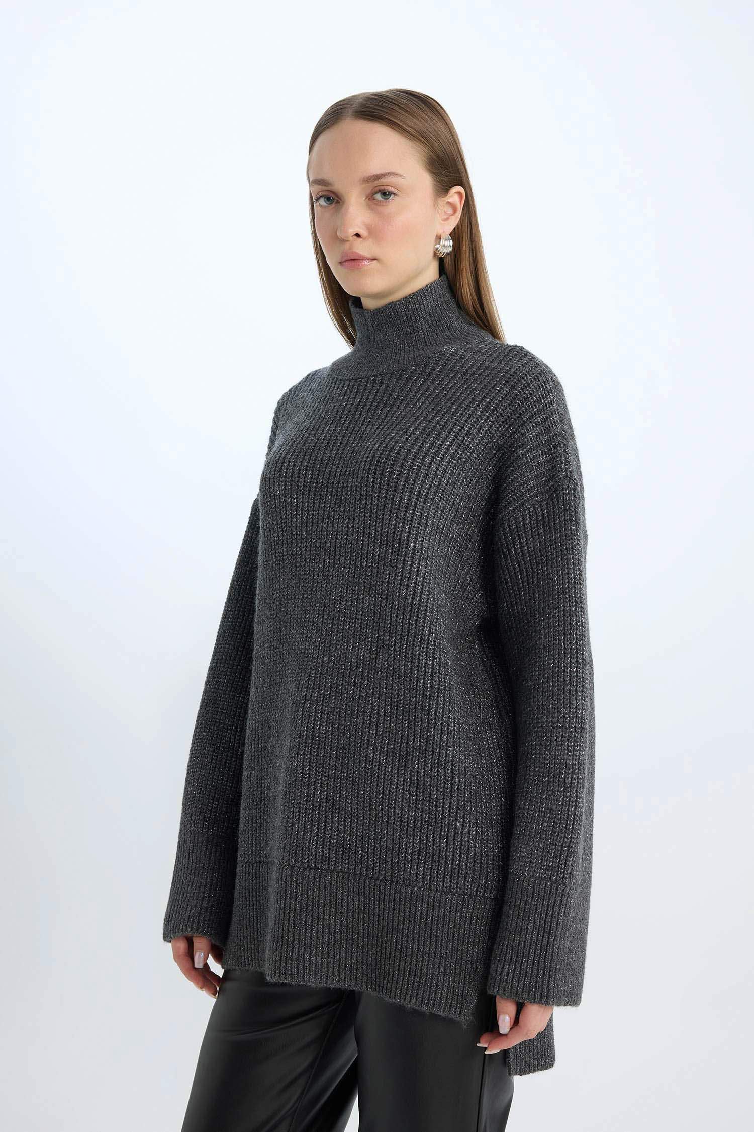 Regular Fit Balıkçı Yaka Basic Düz Triko Kazak Tunik	