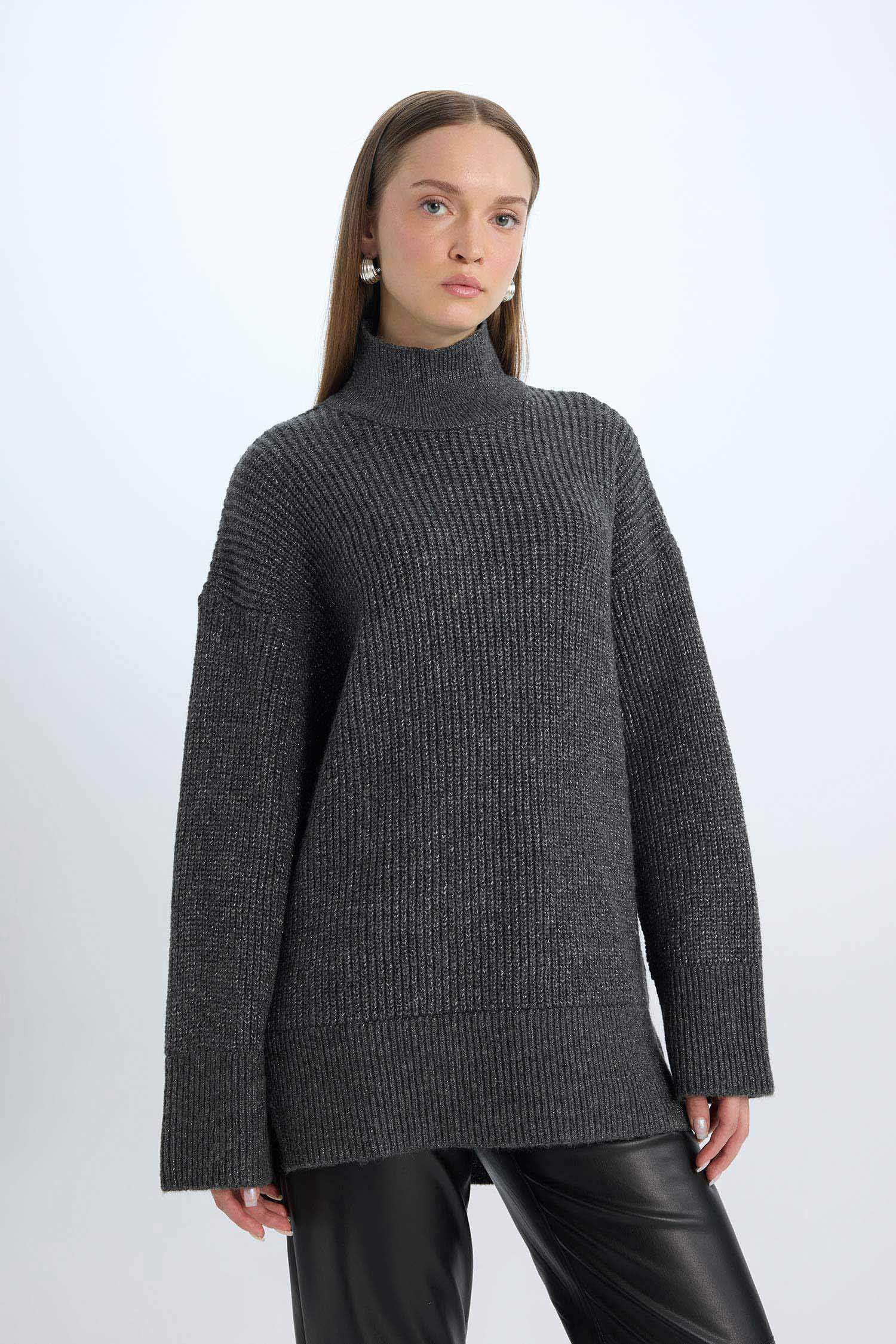 Regular Fit Balıkçı Yaka Basic Düz Triko Kazak Tunik	