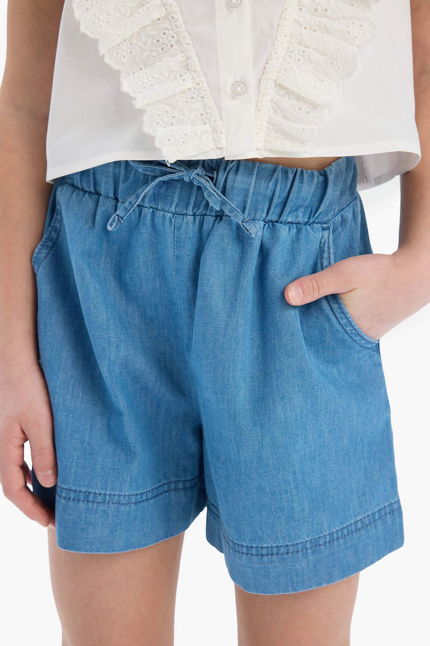 Kız Çocuk Beli Lastikli Jean Şort