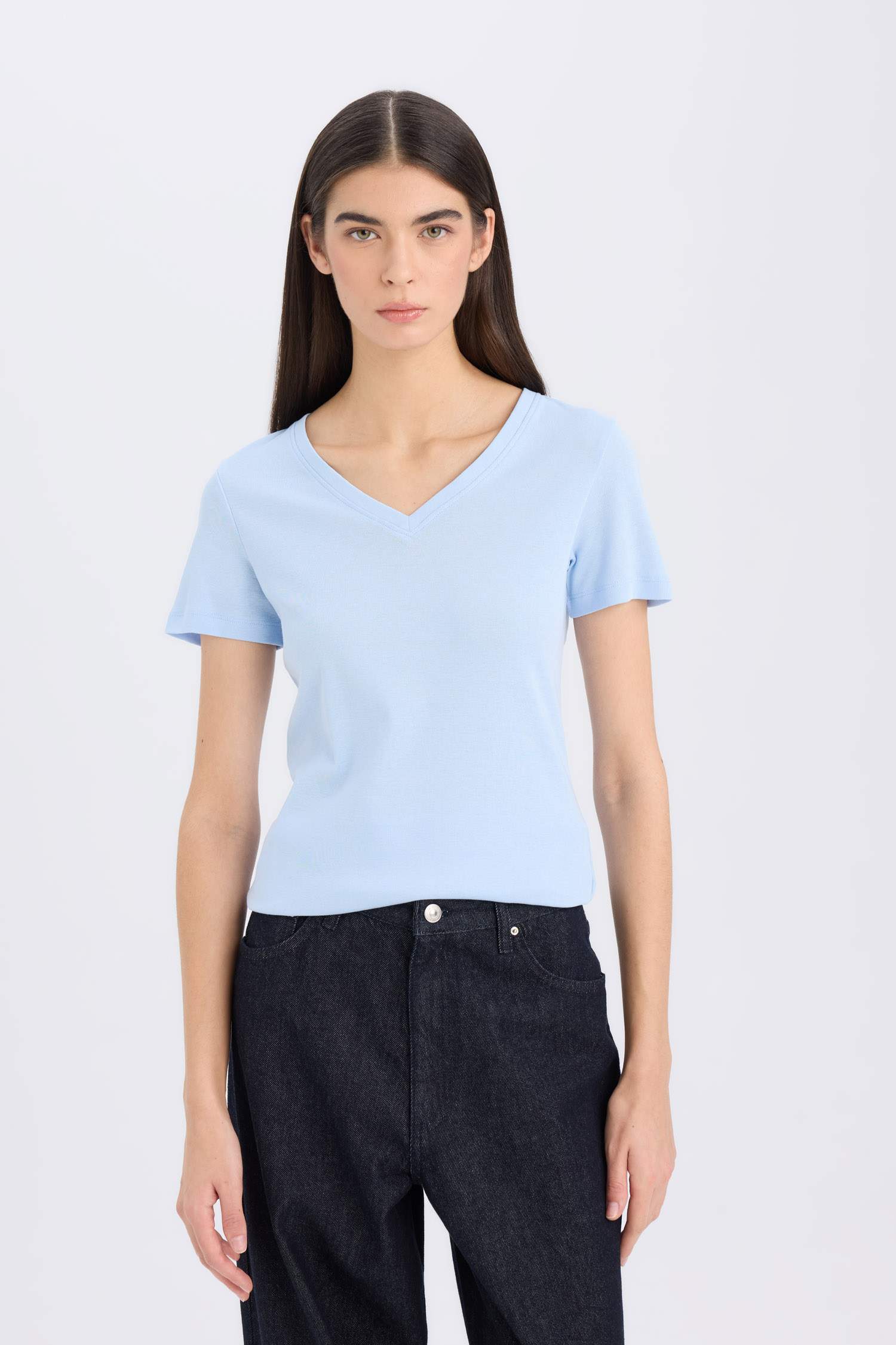 Regular Fit V-Neck Ribana Short Sleeve T-Shirt