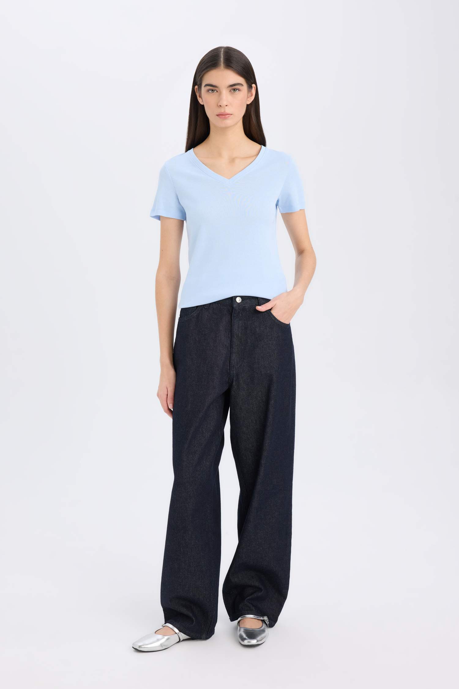 Regular Fit V-Neck Ribana Short Sleeve T-Shirt