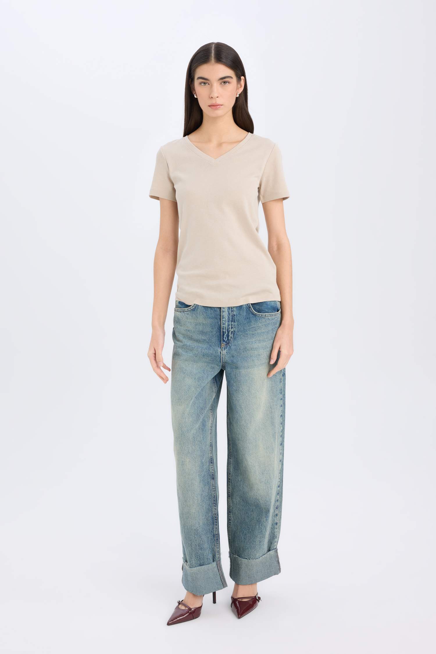 Regular Fit V-Neck Ribana Short Sleeve T-Shirt