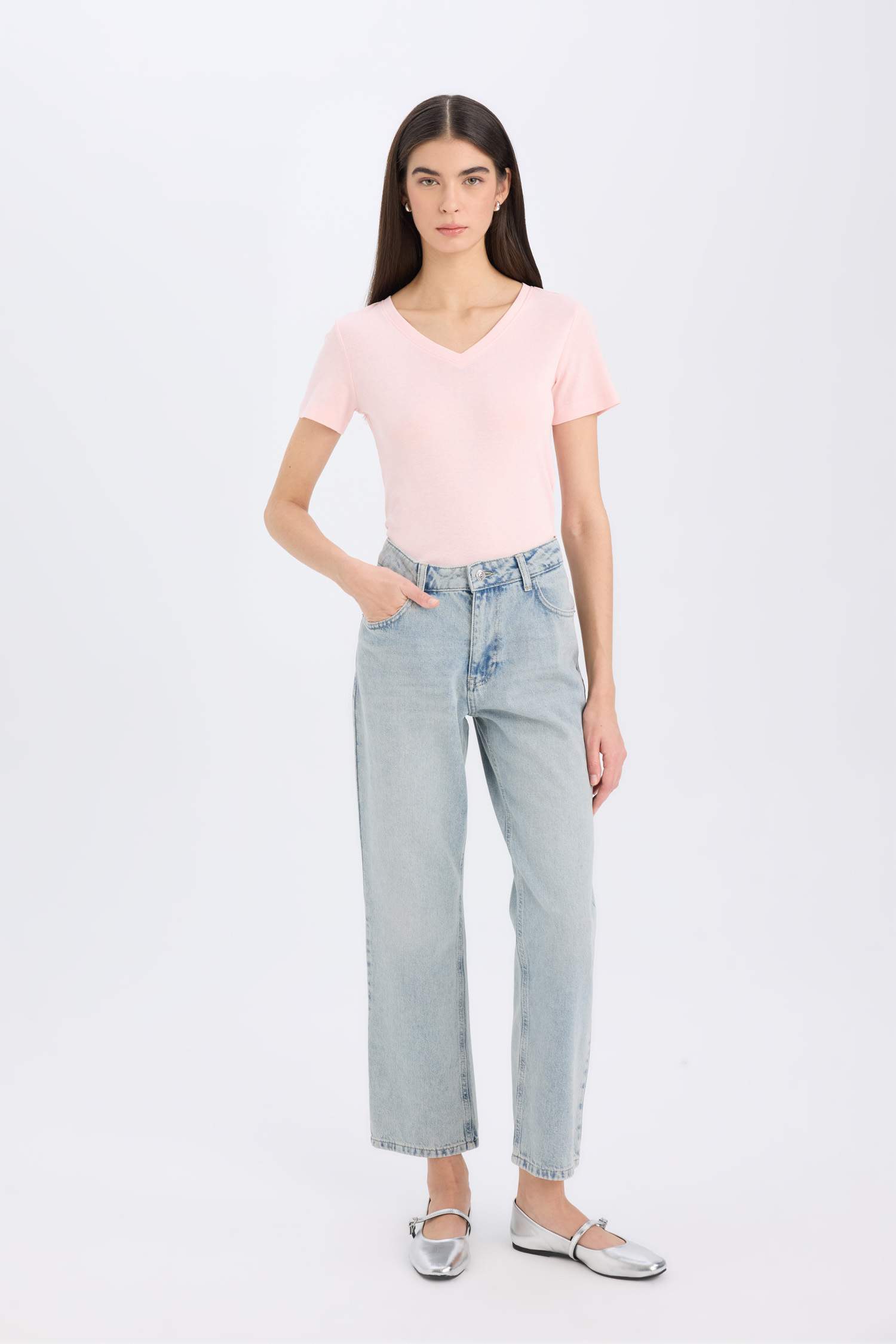 Regular Fit V-Neck Ribana Short Sleeve T-Shirt