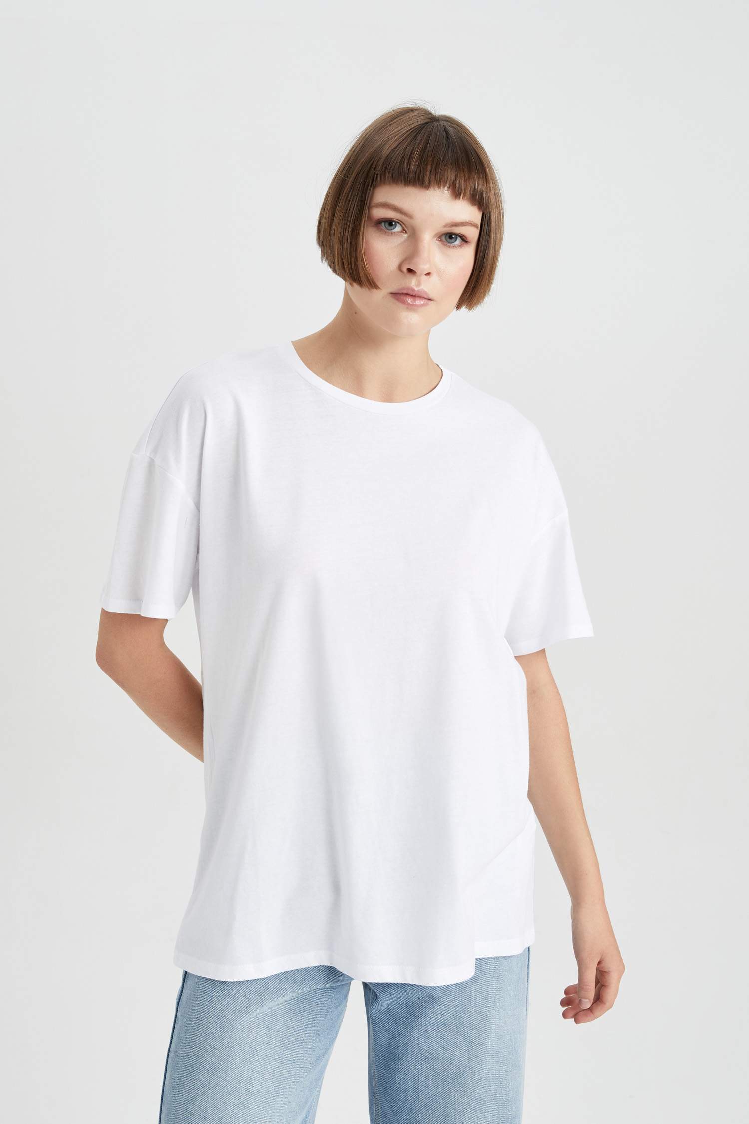 Oversize Geniş Kalıp Bisiklet Yaka Penye Kısa Kollu Tişört