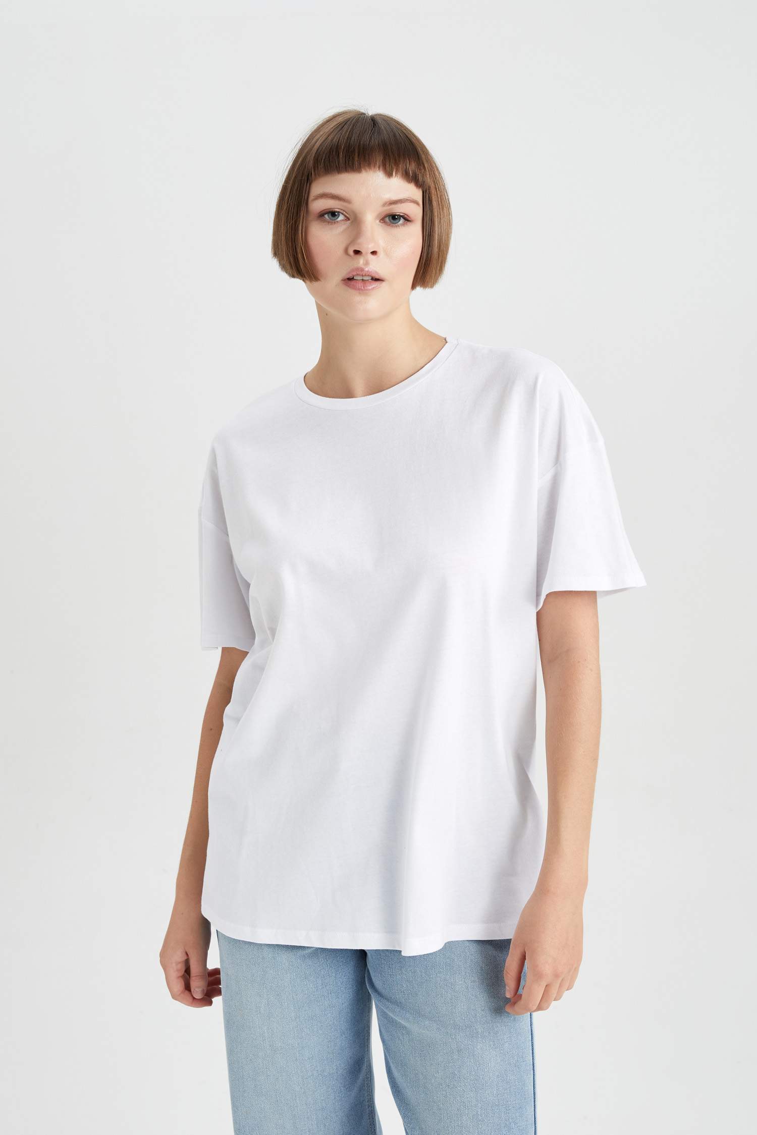 Oversize Geniş Kalıp Bisiklet Yaka Penye Kısa Kollu Tişört