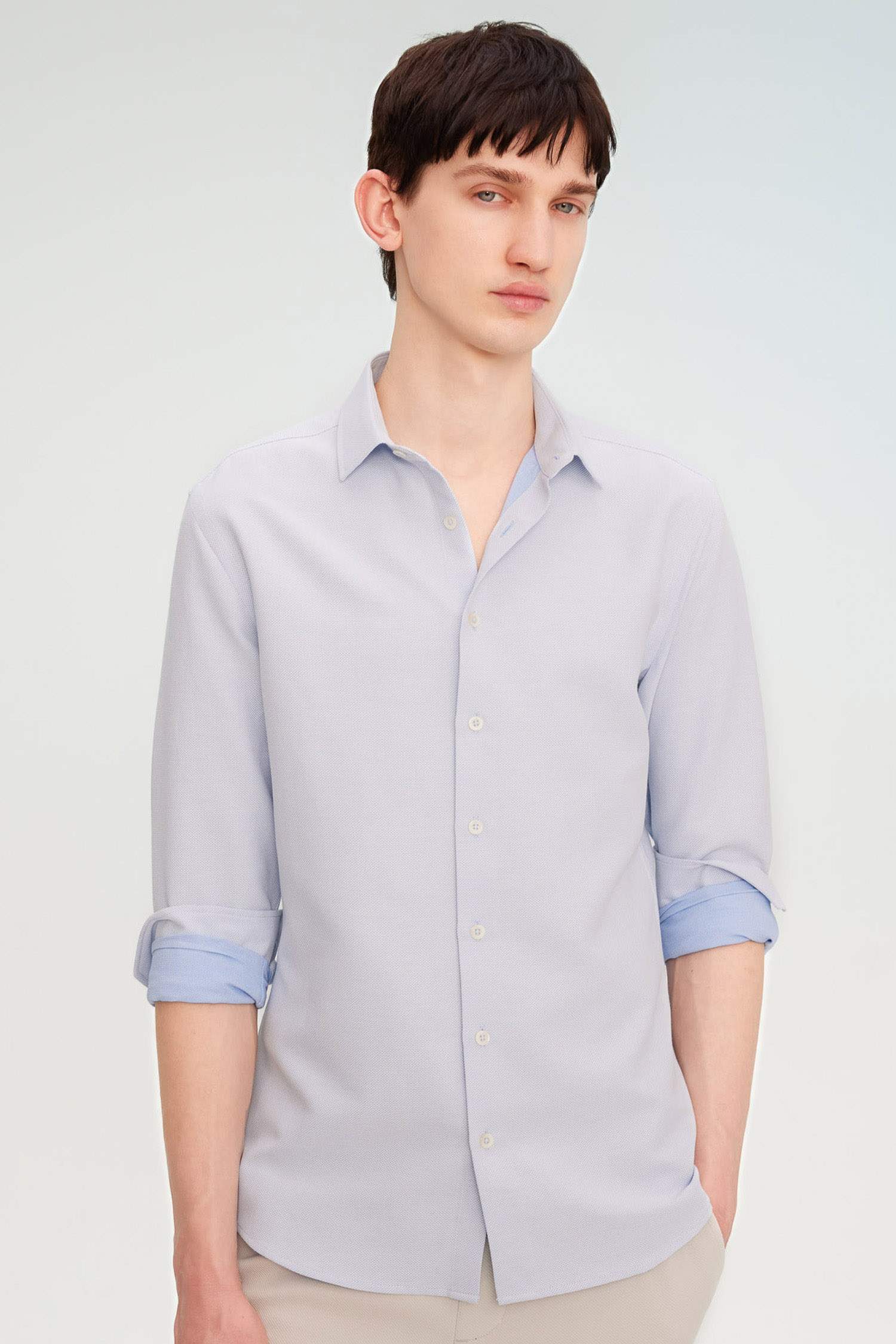 Slim Fit Dar Kesim Polo Yaka Petek Dokulu Uzun Kollu Gömlek