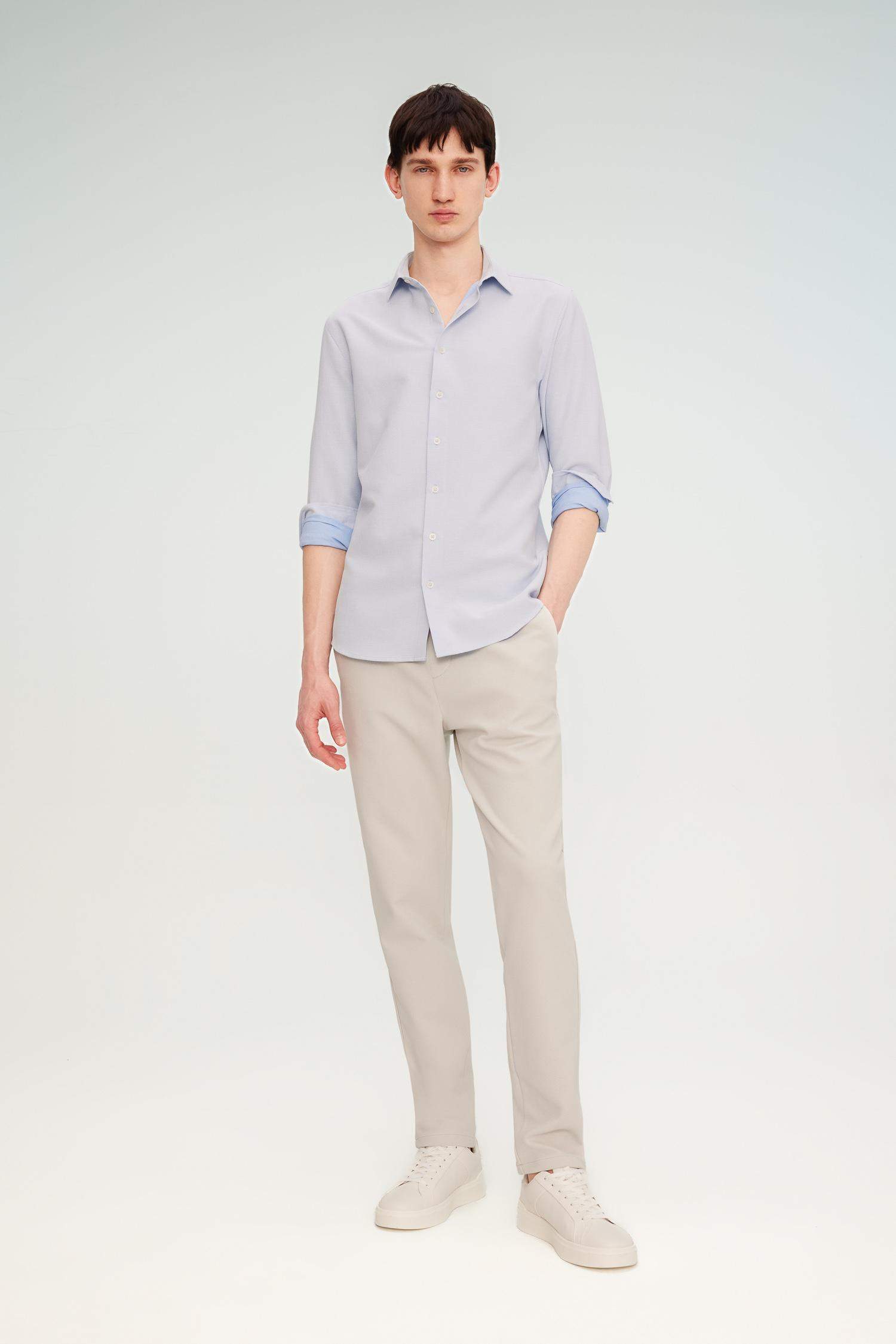 Slim Fit Dar Kesim Polo Yaka Petek Dokulu Uzun Kollu Gömlek