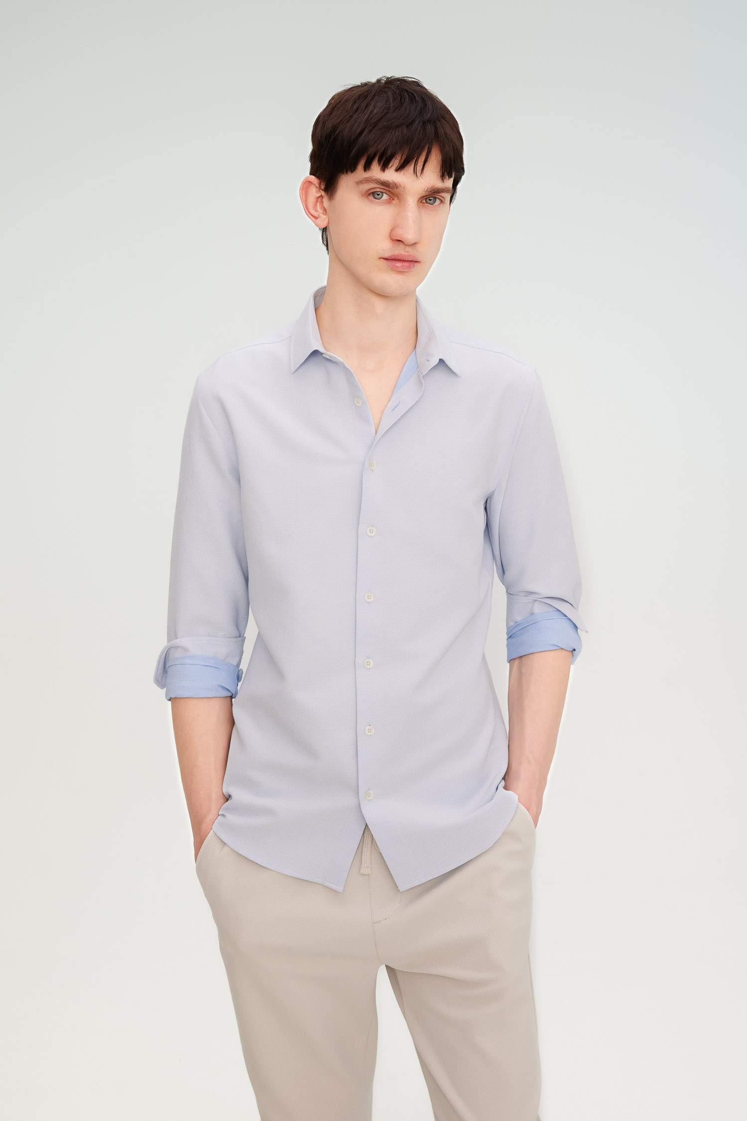 Slim Fit Dar Kesim Polo Yaka Petek Dokulu Uzun Kollu Gömlek