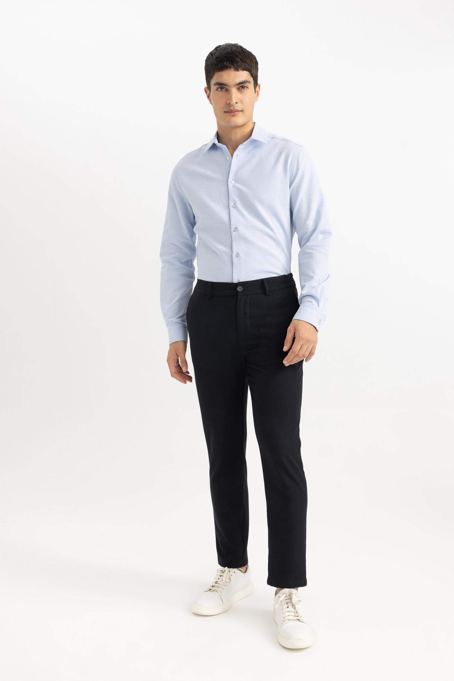 Slim Fit Dar Kesim Polo Yaka Petek Dokulu Uzun Kollu Gömlek