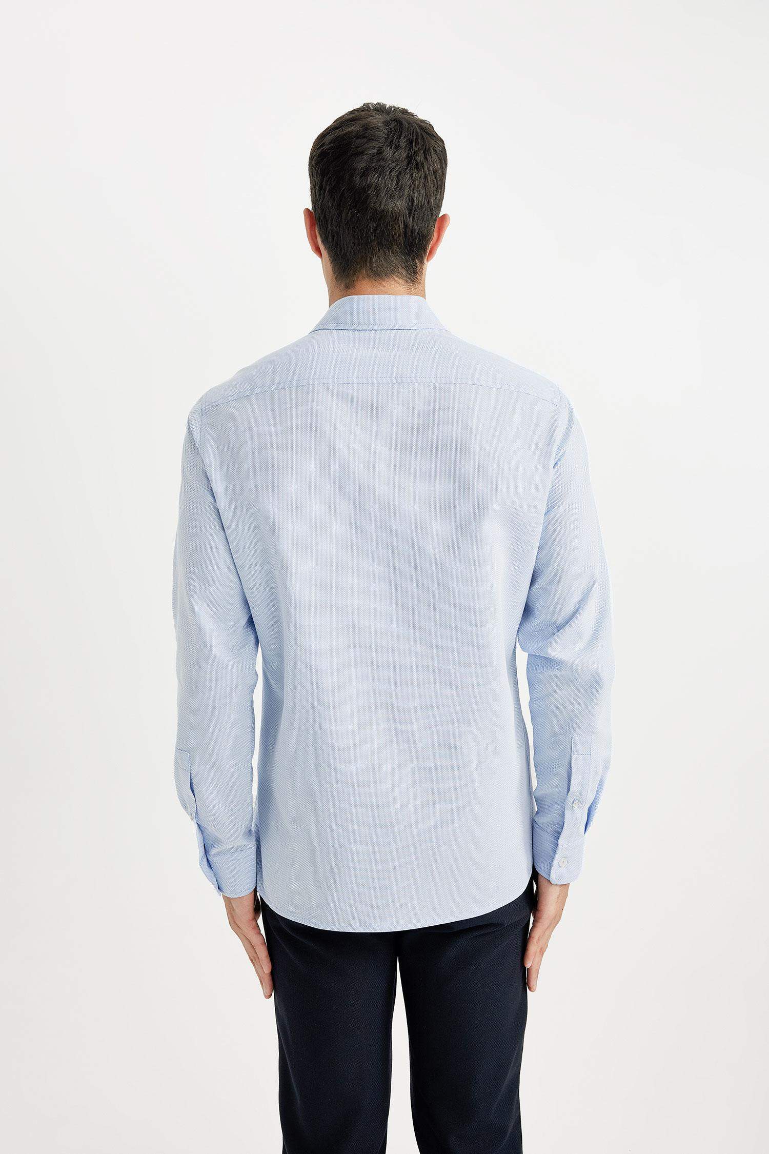 Slim Fit Dar Kesim Polo Yaka Petek Dokulu Uzun Kollu Gömlek