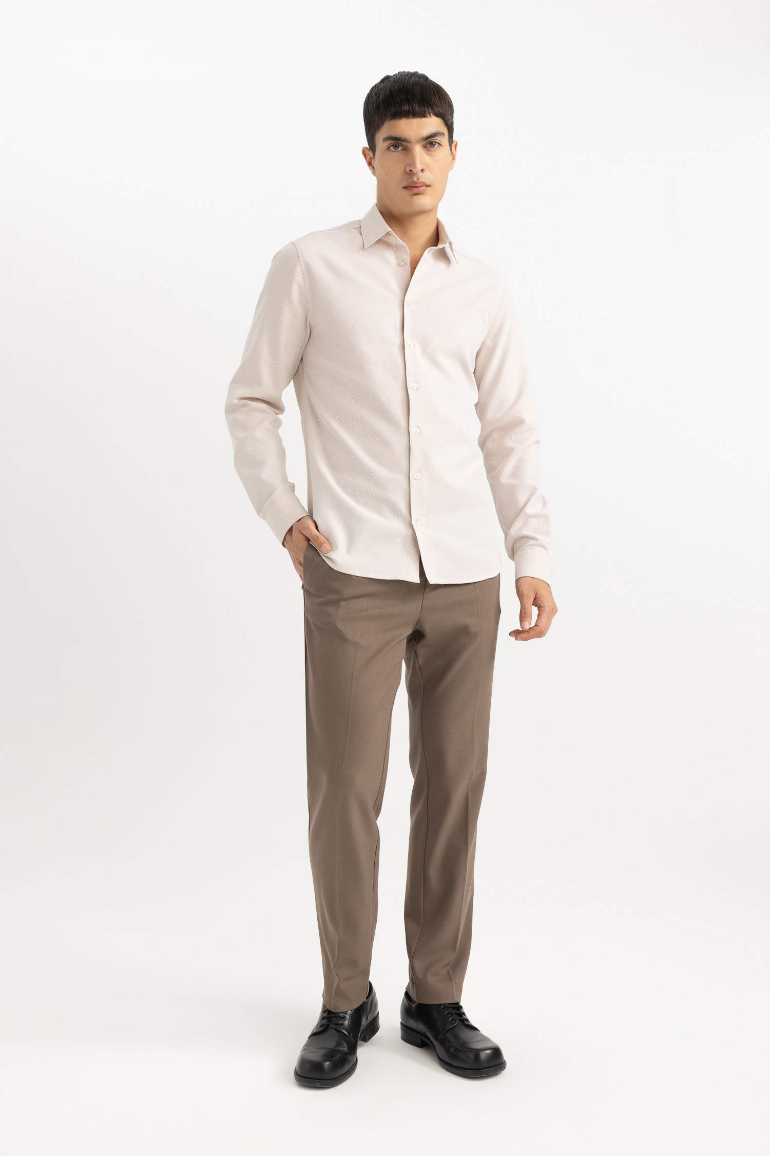 Slim Fit Polo Collar Honeycomb Textured Long Sleeve Shirt