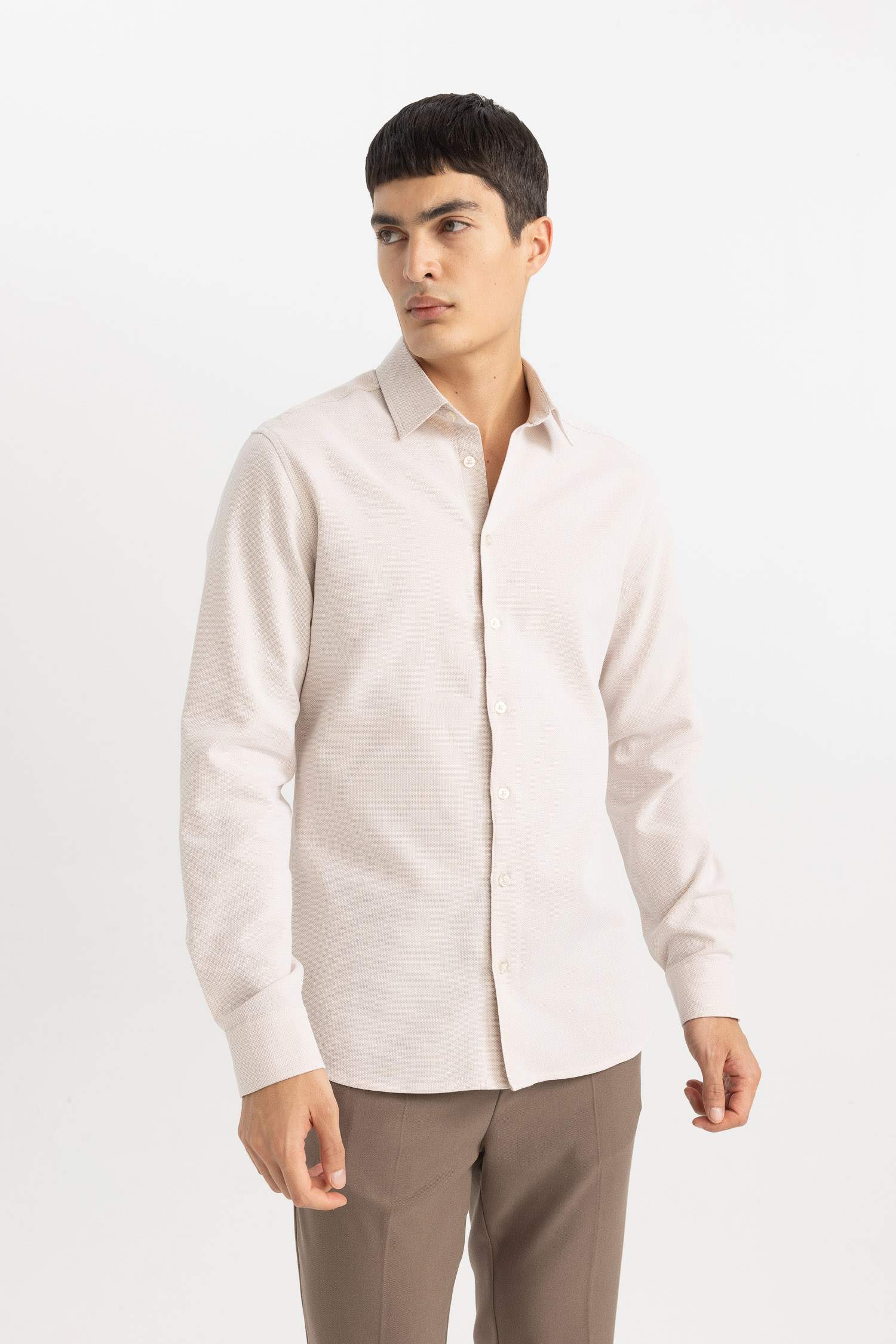 Slim Fit Polo Collar Honeycomb Textured Long Sleeve Shirt