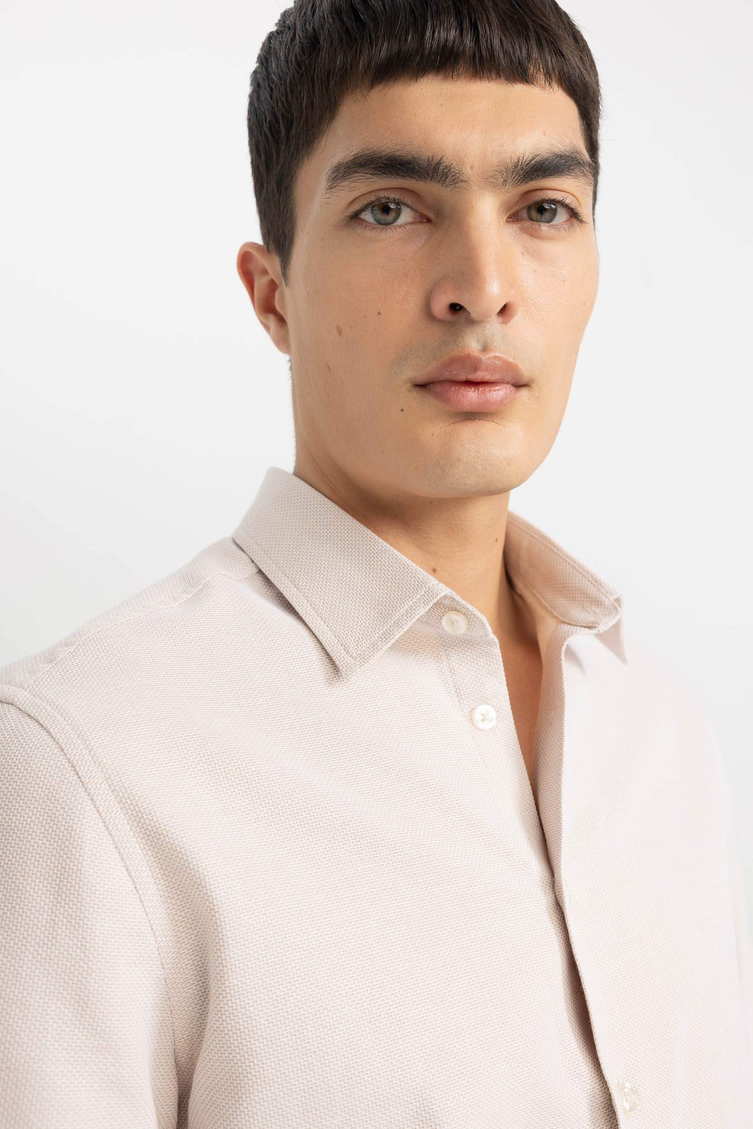 Slim Fit Polo Collar Honeycomb Textured Long Sleeve Shirt