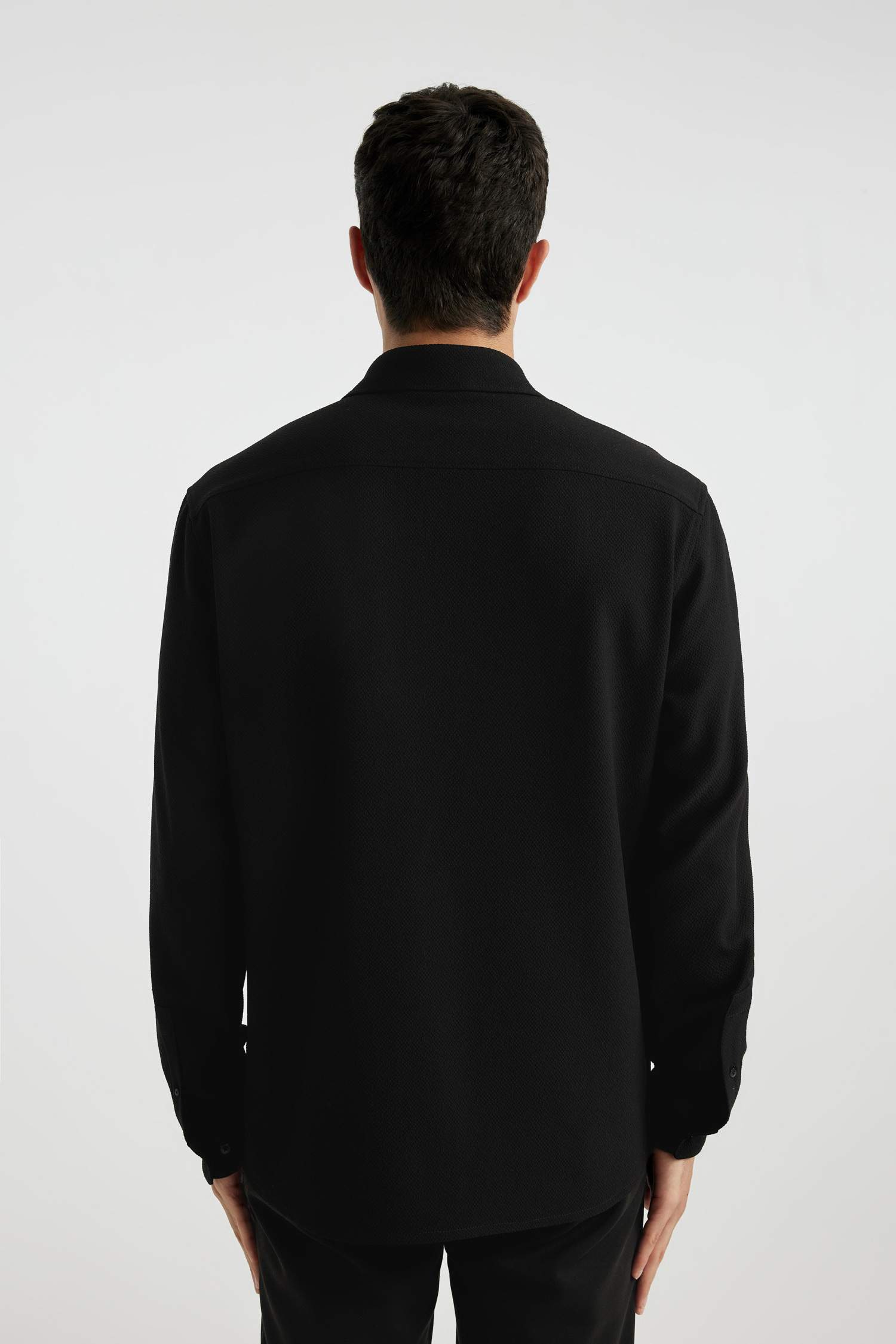 Regular Fit Polo Yaka Krinkıl Basic Düz Uzun Kollu Siyah Gömlek