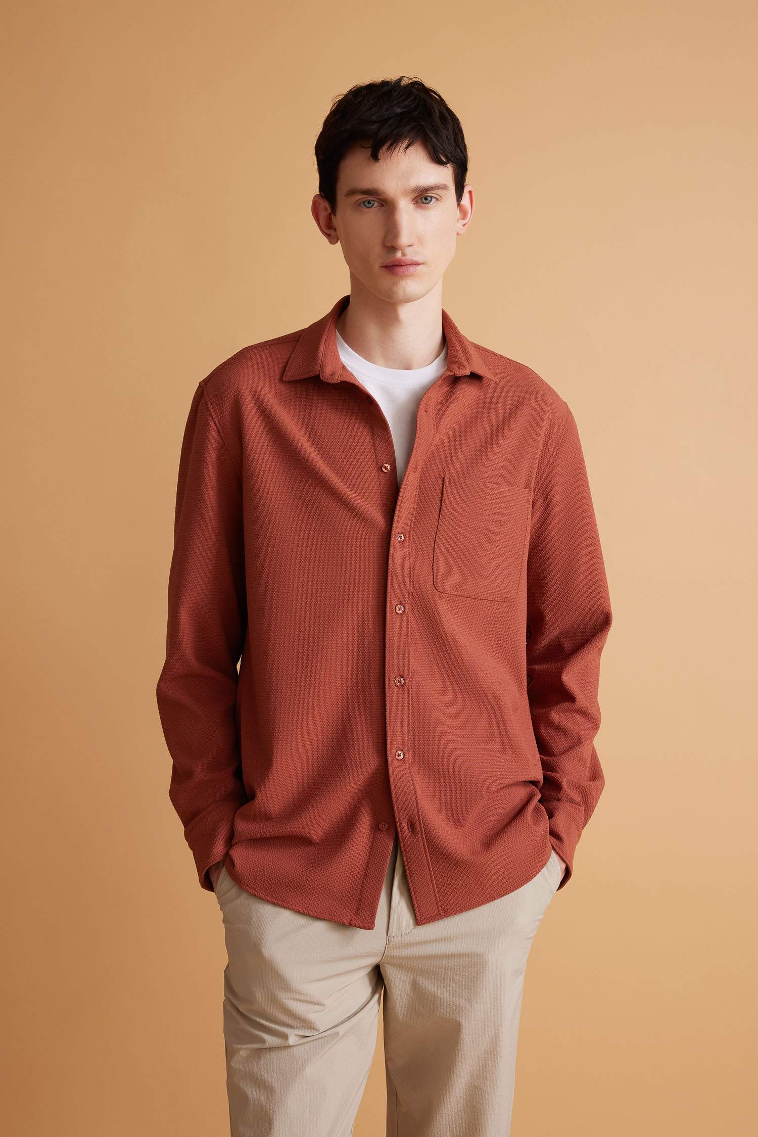 Regular Fit Polo Yaka Krinkıl Basic Düz Uzun Kollu Gömlek