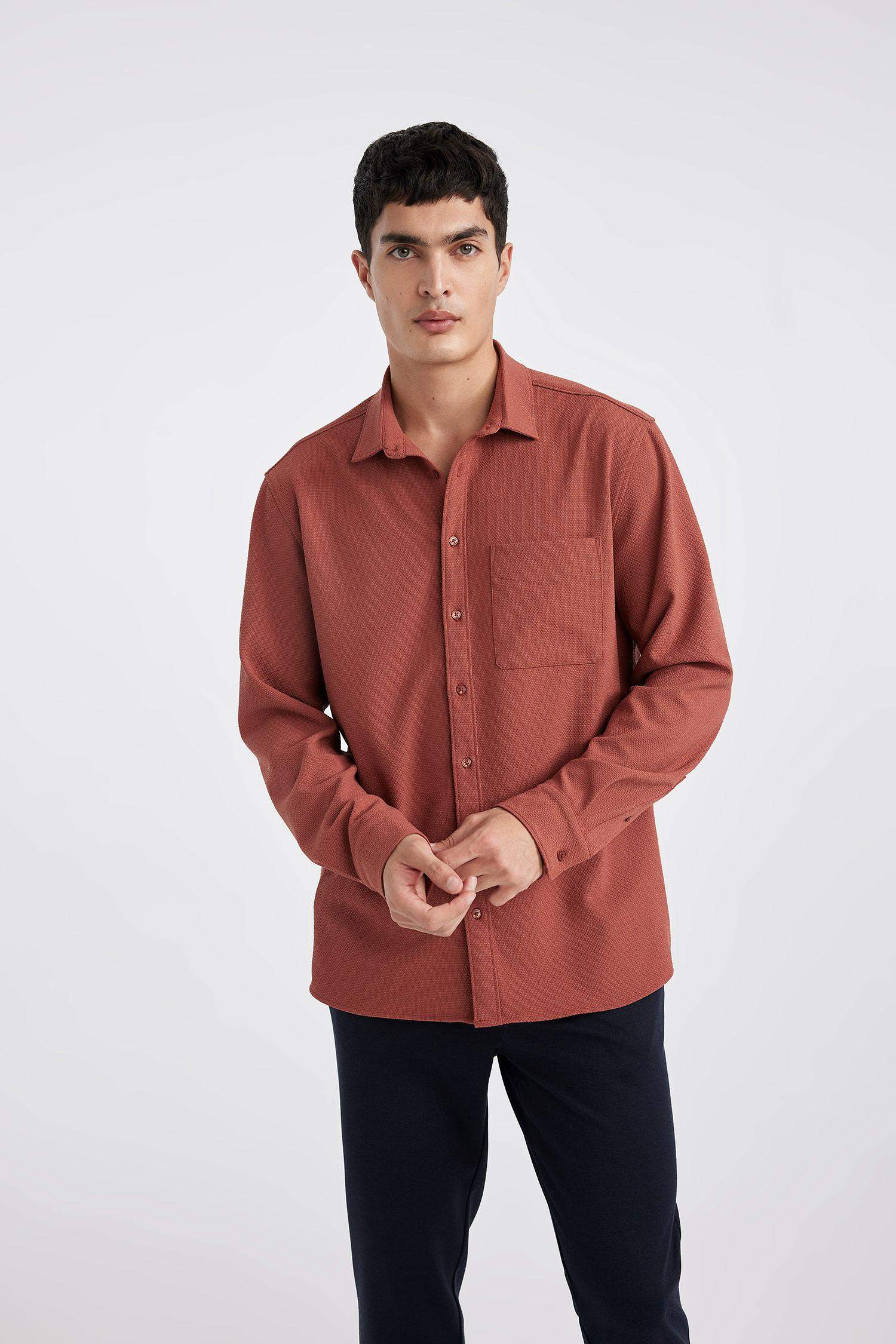 Regular Fit Polo Yaka Krinkıl Basic Düz Uzun Kollu Gömlek