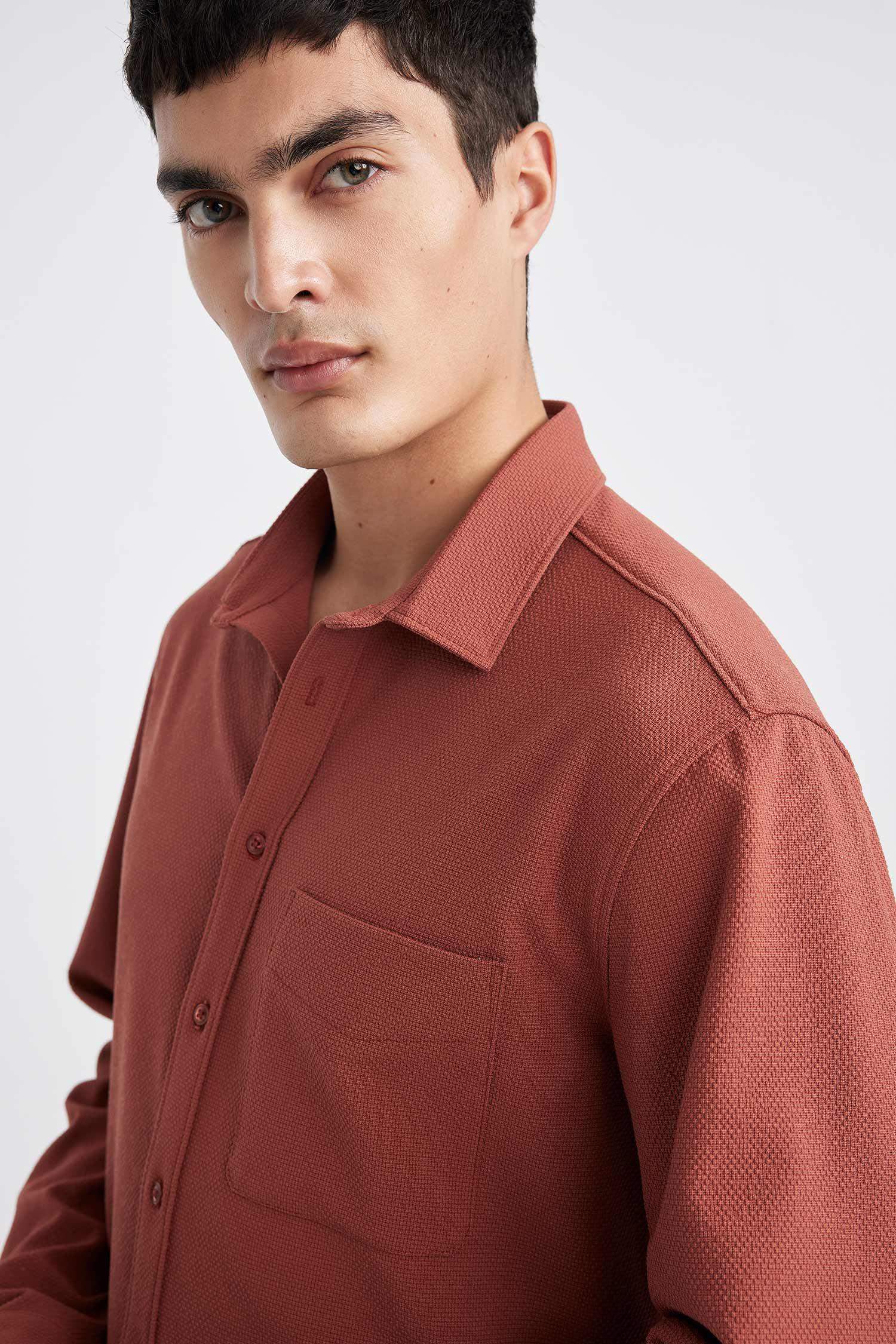 Regular Fit Polo Yaka Krinkıl Basic Düz Uzun Kollu Gömlek