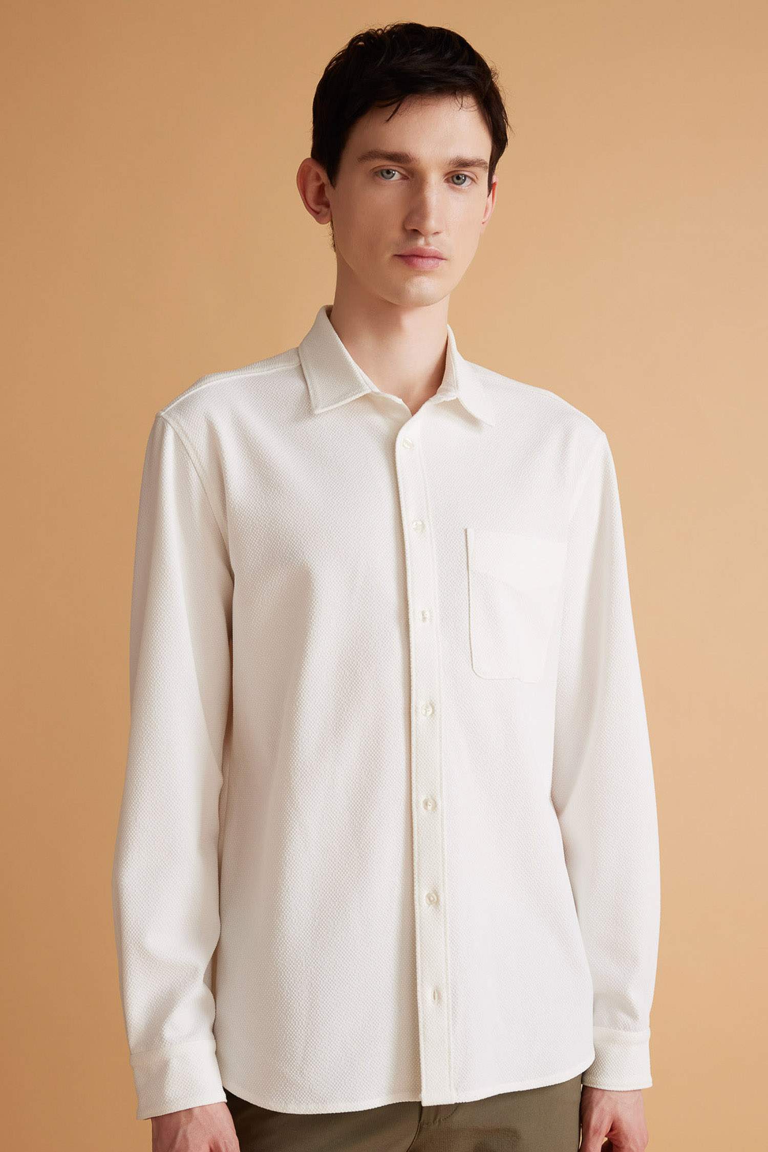 Regular Fit Polo Yaka Krinkıl Basic Düz Uzun Kollu Beyaz Gömlek