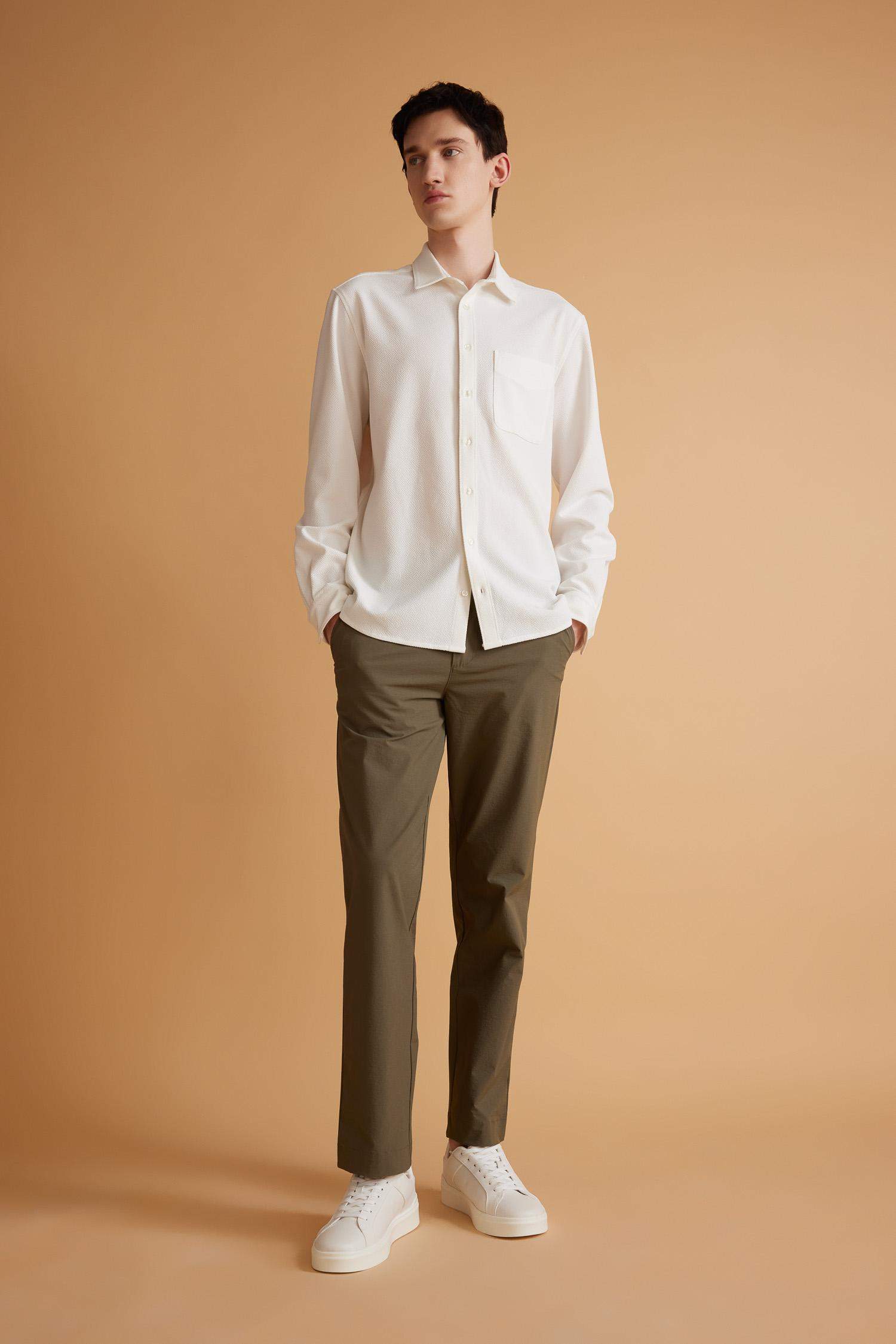 Regular Fit Polo Yaka Krinkıl Basic Düz Uzun Kollu Beyaz Gömlek