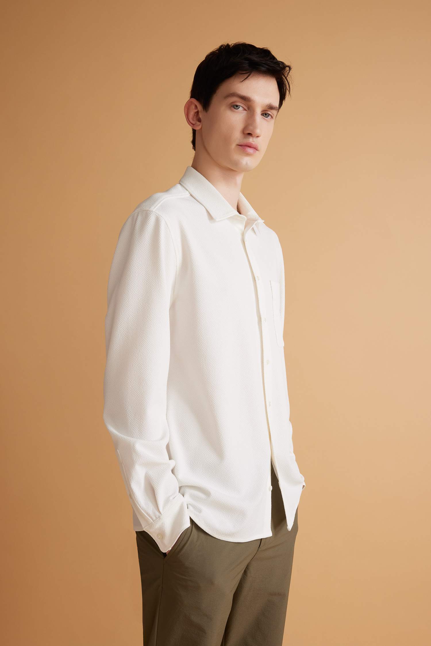 Regular Fit Polo Yaka Krinkıl Basic Düz Uzun Kollu Beyaz Gömlek