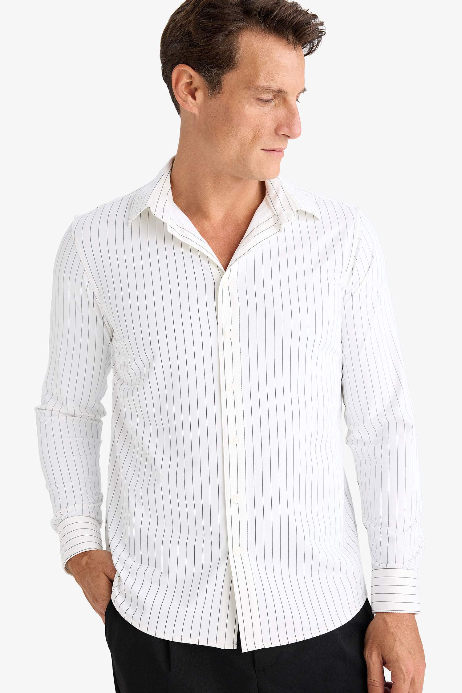 قميص كم طويل مخطط سليم فيت بياقة بولو