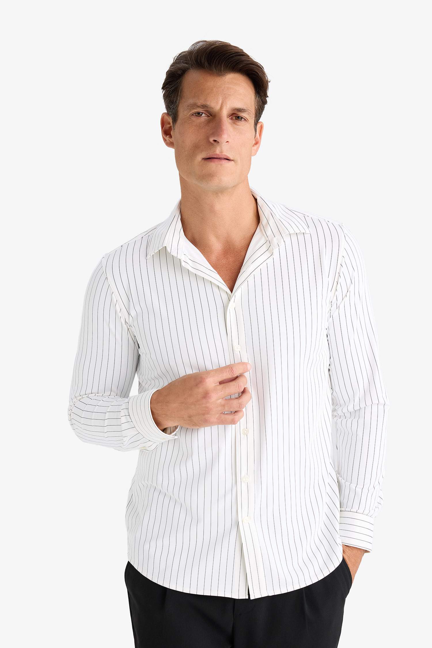 قميص كم طويل مخطط سليم فيت بياقة بولو