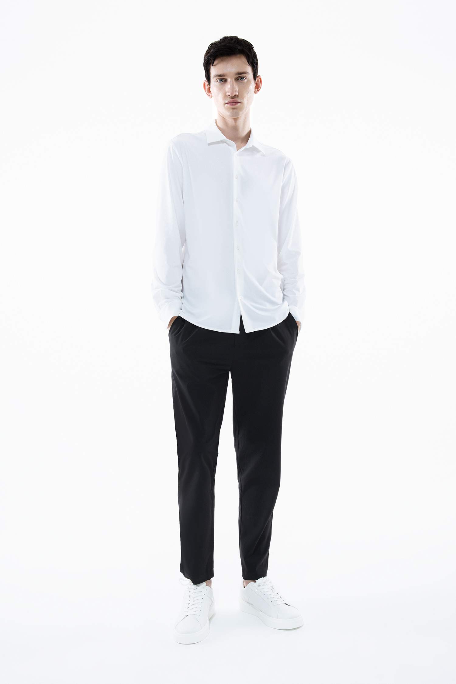 Chemise Slim Jersey Col Polo à Manches Longues