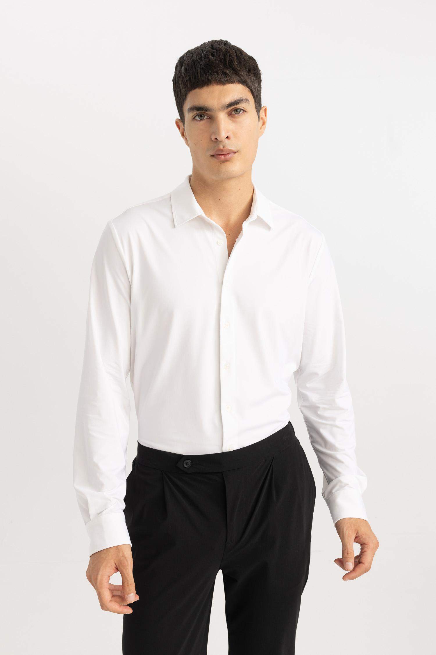 Chemise Slim Jersey Col Polo à Manches Longues