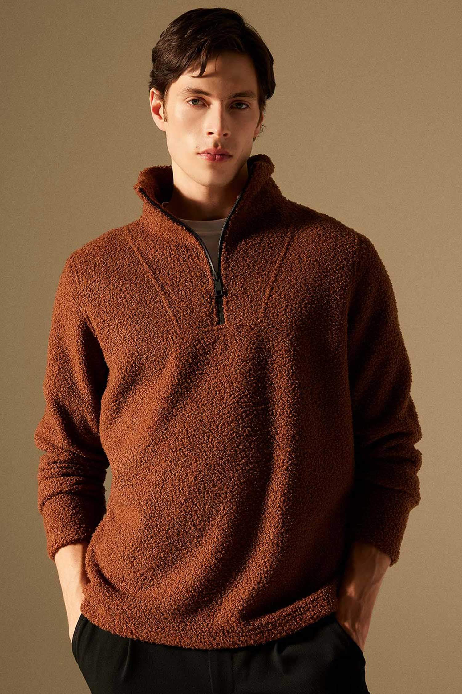 Regular Fit Dik Yaka Fermuarlı Pelüş Sweatshirt