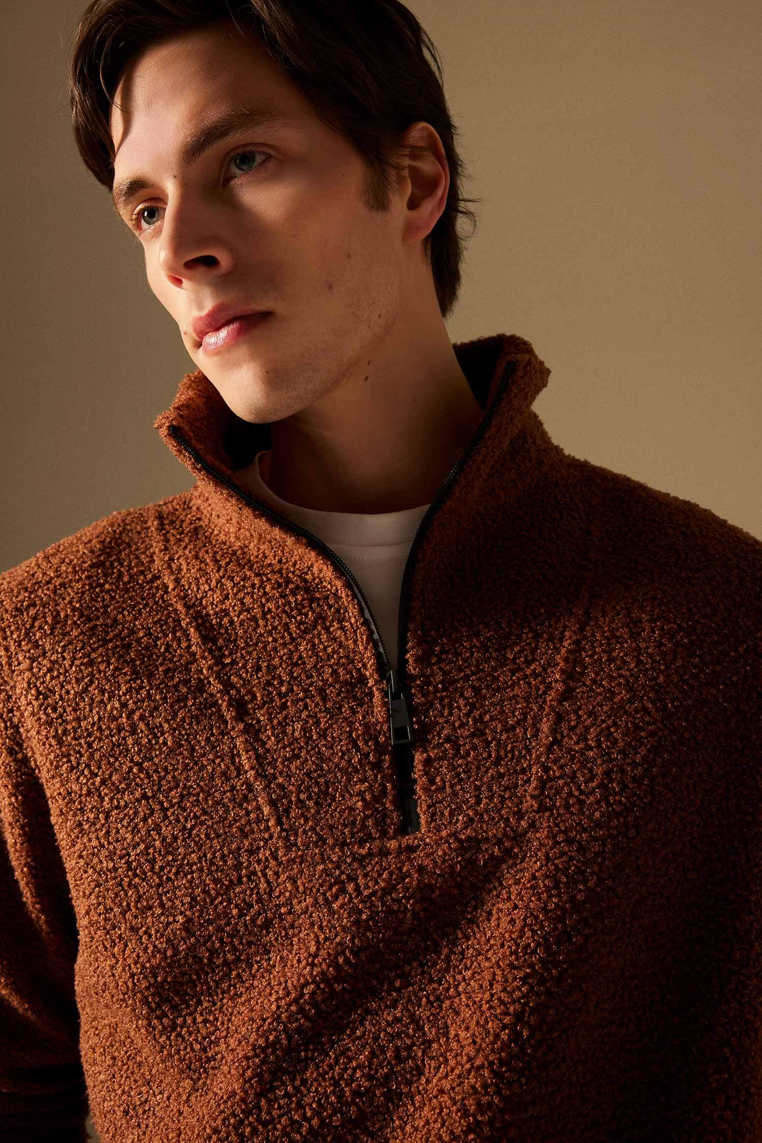 Regular Fit Dik Yaka Fermuarlı Pelüş Sweatshirt