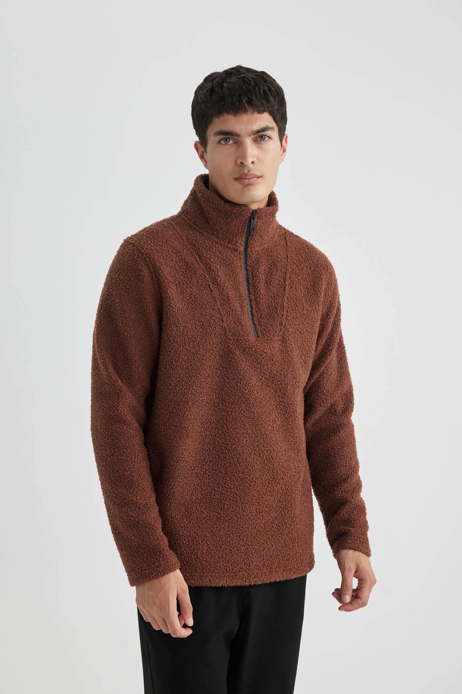 Regular Fit Dik Yaka Fermuarlı Pelüş Sweatshirt