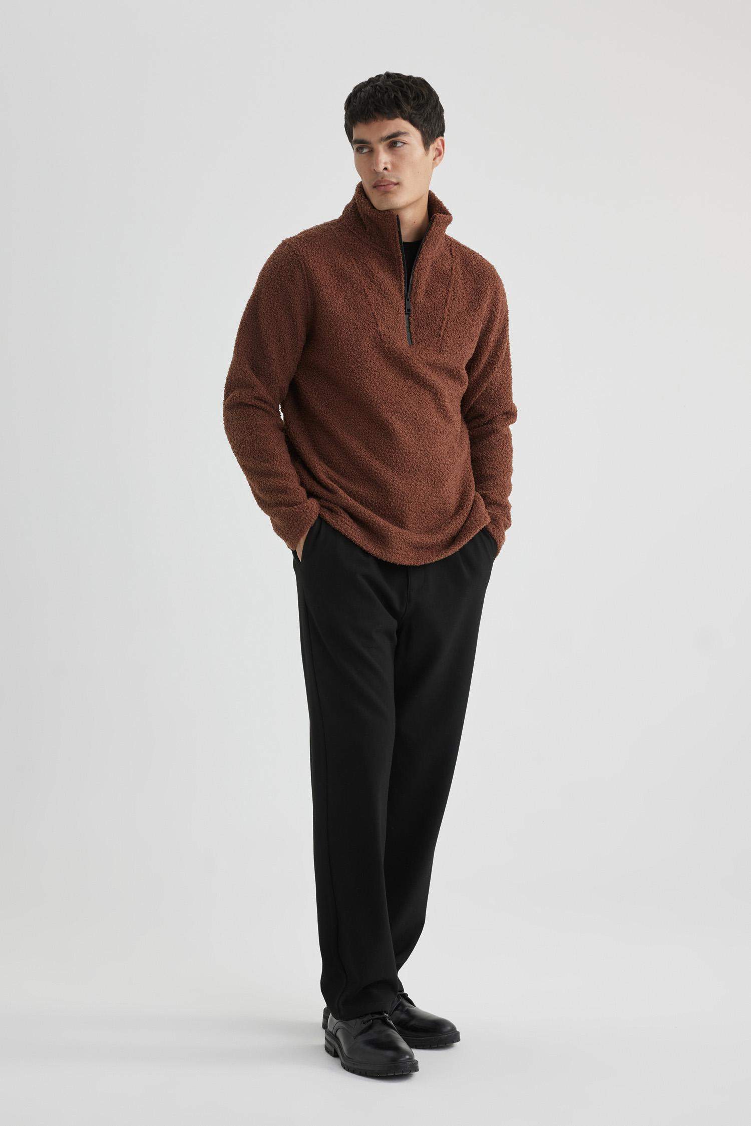 Regular Fit Dik Yaka Fermuarlı Pelüş Sweatshirt