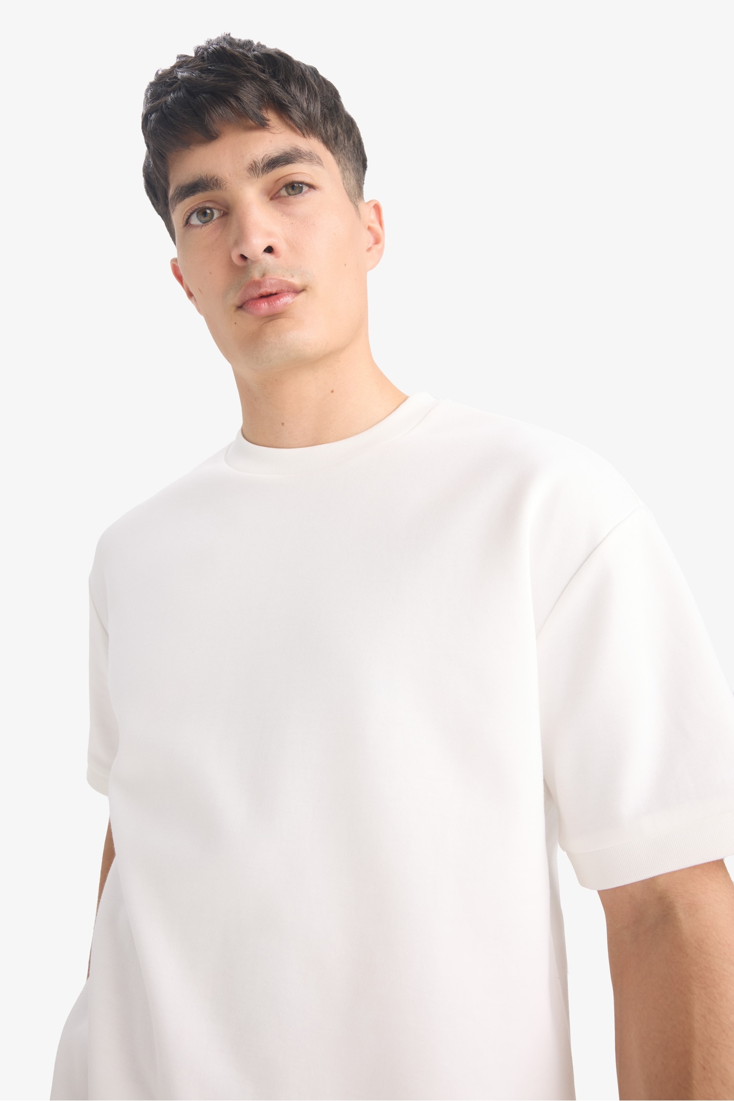 Oversize Geniş Kalıp Bisiklet Yaka Ağır Kumaş Basic Düz Kısa Kollu Beyaz Tişört